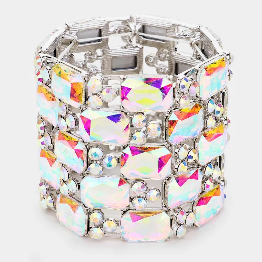 Large AB Emerald Cut Crystal Stretch Bracelet  | Pageant Bracelet | 461823