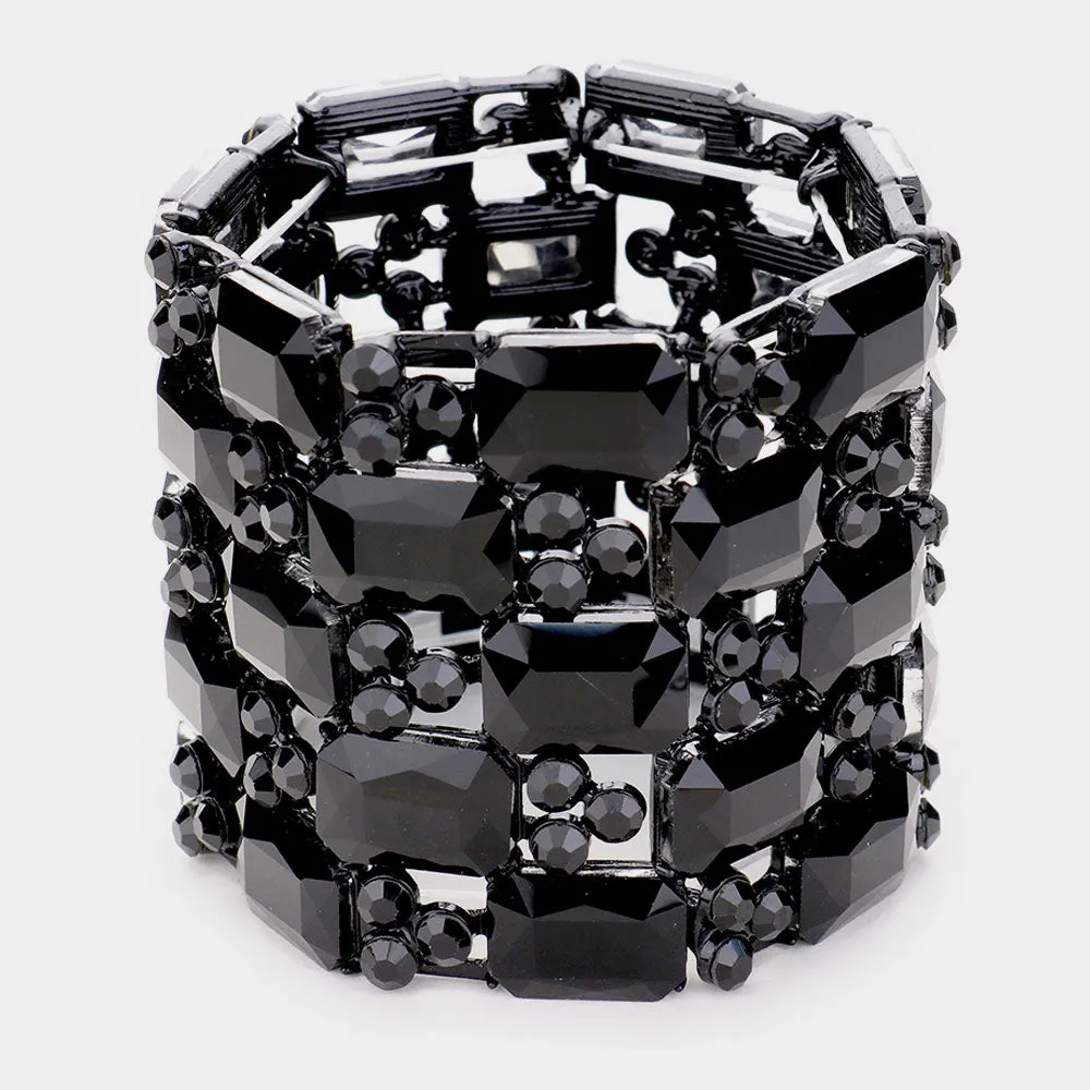 Large Black Emerald Cut Crystal Stretch Bracelet | Pageant Bracelet | 461813