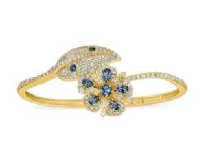 Large Jasmine Bloom Bypass Leaf Bangle with Ceylon sapphires & Diamonds