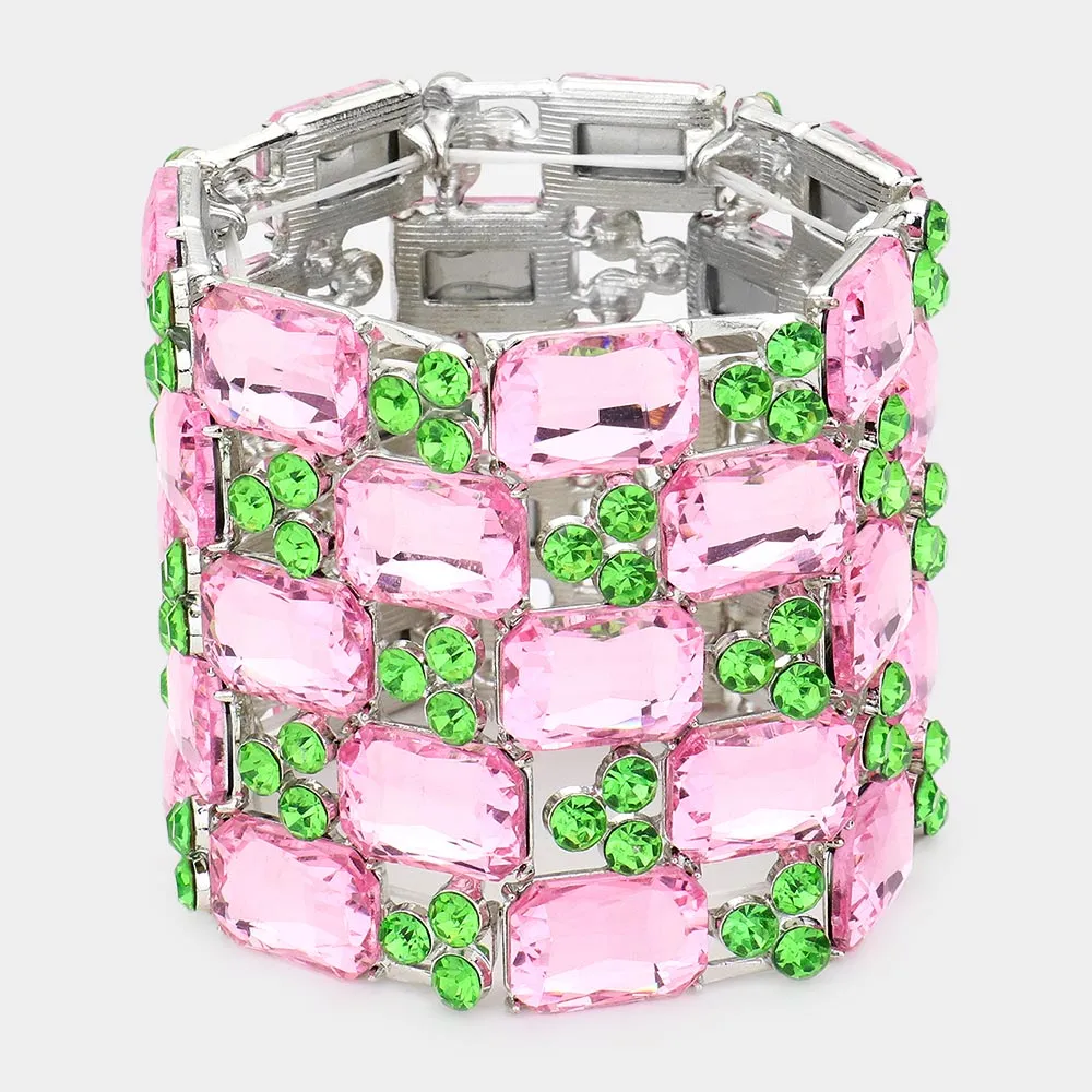Large Pink & Green Emerald Cut Crystal Stretch Bracelet  | Pageant Bracelet | 537643