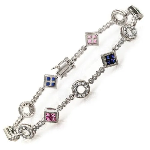 Linking Diamond Bracelet With Blue And Pink Sapphires In 18k White Gold