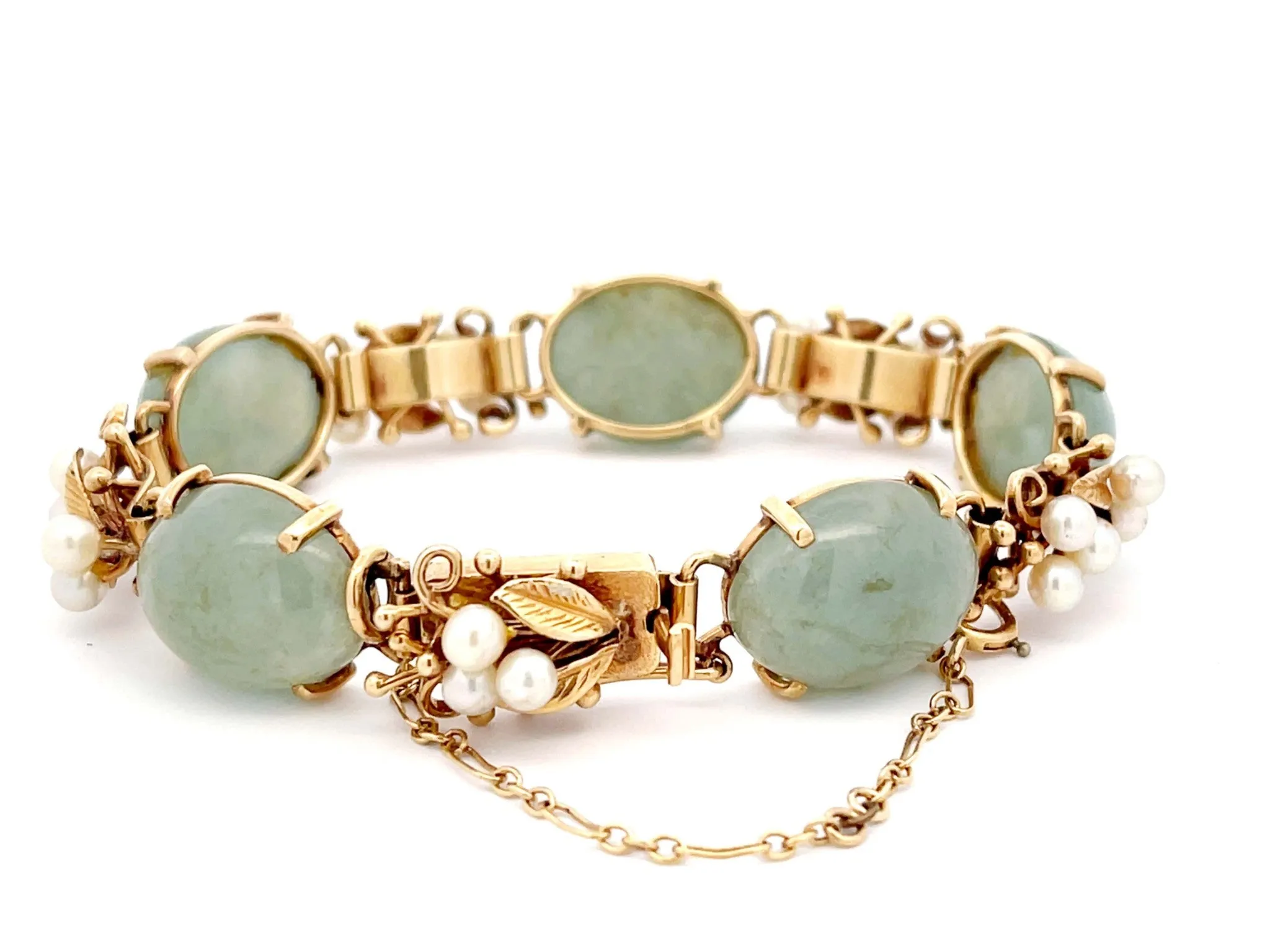 Mings Hawaii Jade and Pearl Leaf Bracelet in 14K Yellow Gold