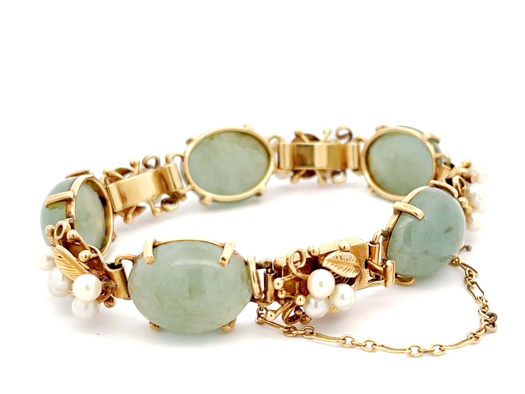 Mings Hawaii Jade and Pearl Leaf Bracelet in 14K Yellow Gold