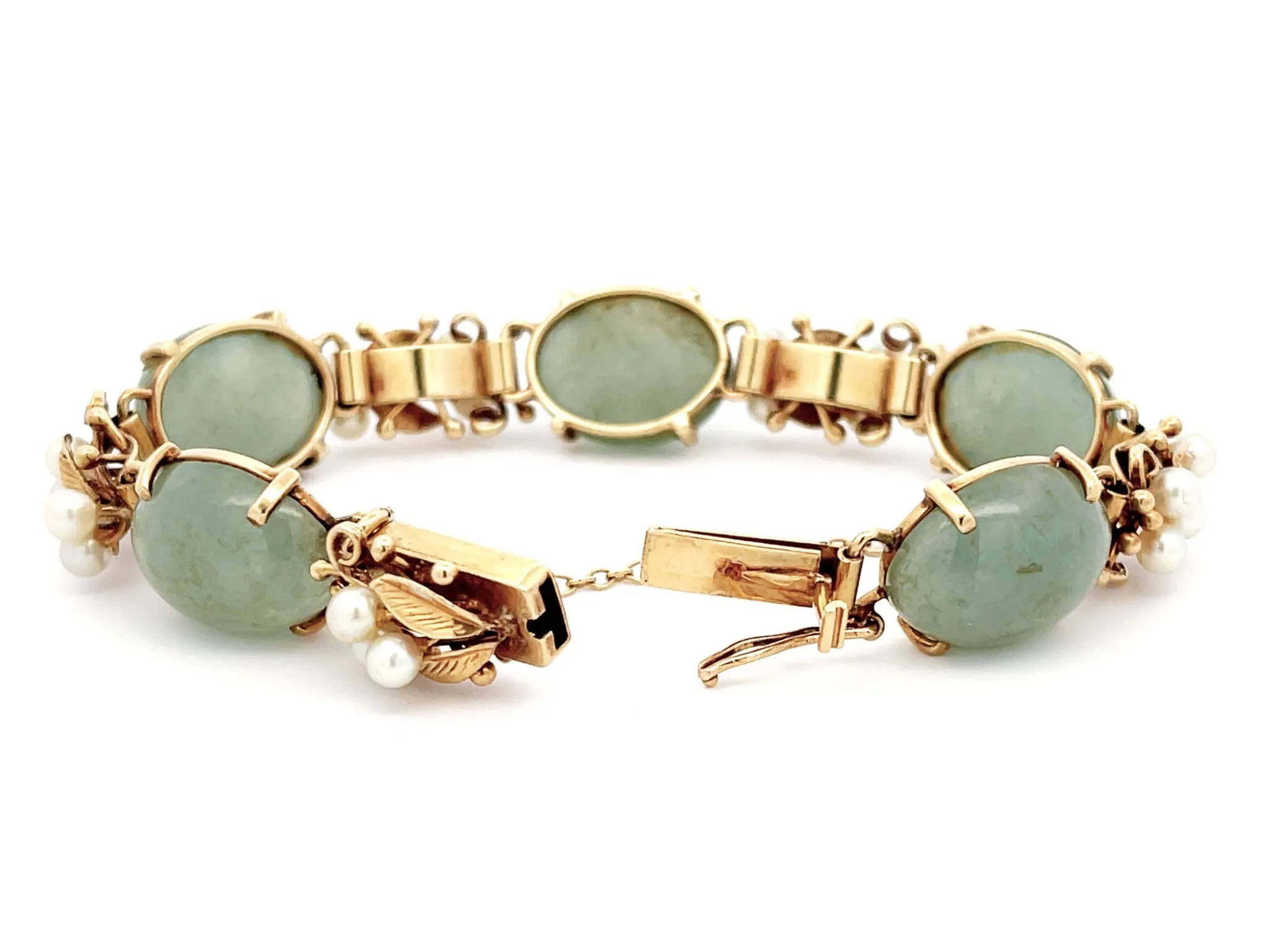 Mings Hawaii Jade and Pearl Leaf Bracelet in 14K Yellow Gold