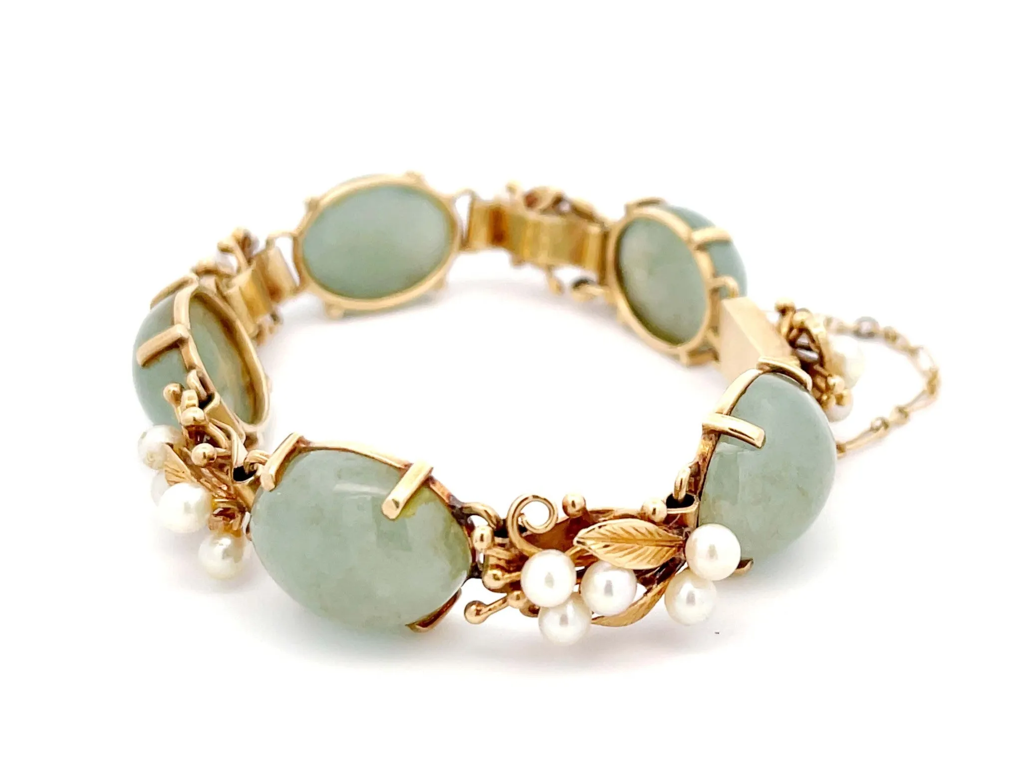 Mings Hawaii Jade and Pearl Leaf Bracelet in 14K Yellow Gold