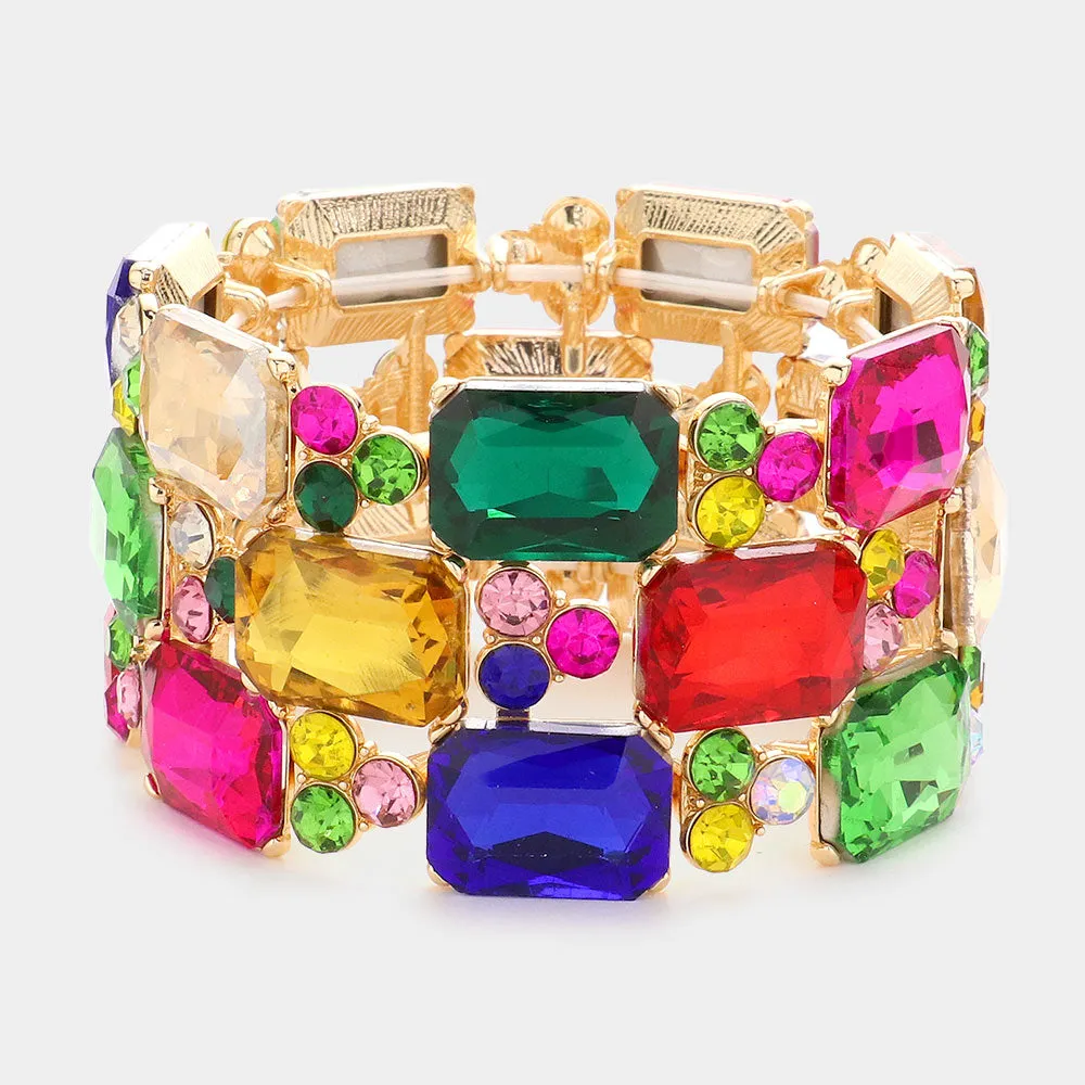 Multi-Color Emerald Cut Stone Accented Pageant Stretch Bracelet  | Crystal Bracelet | 581621