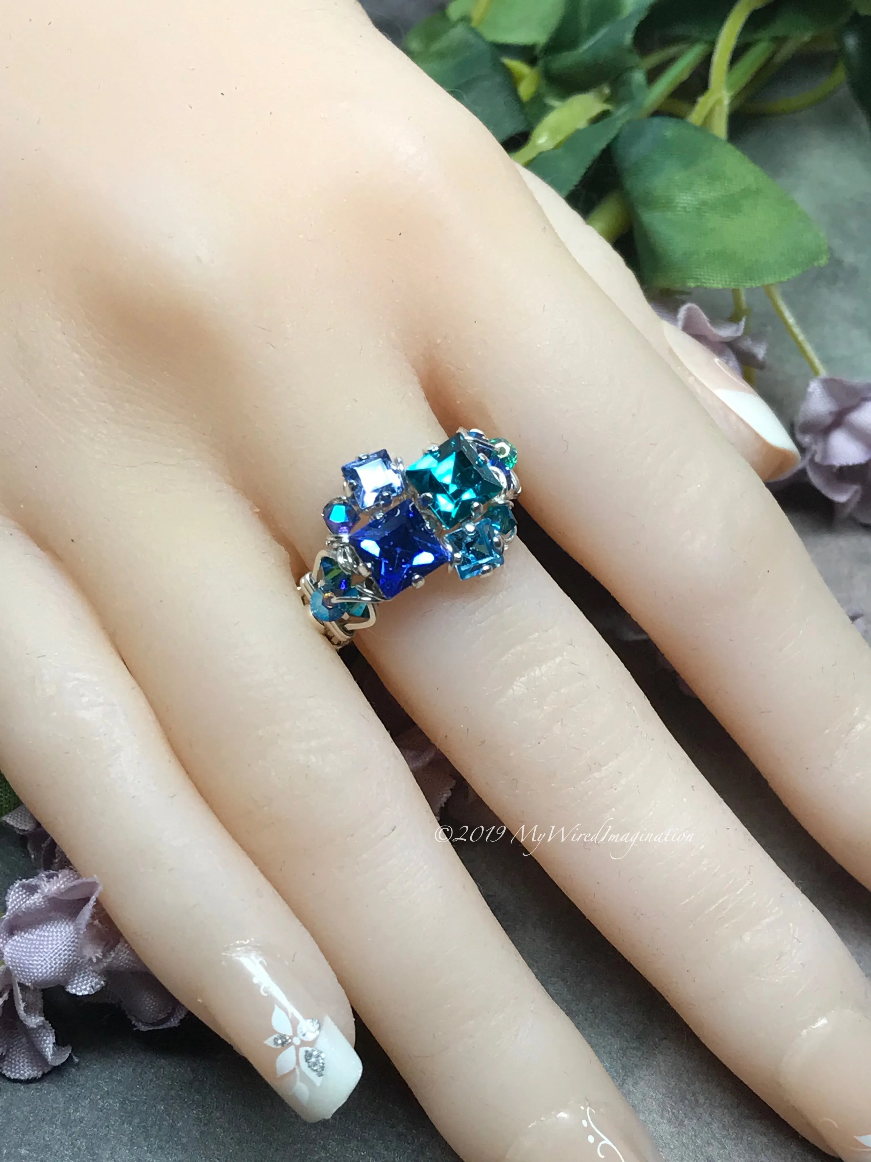 Multi-Stone Ring, Handmade in Swarovski Crystal Blues,  in Sterling US Size 8