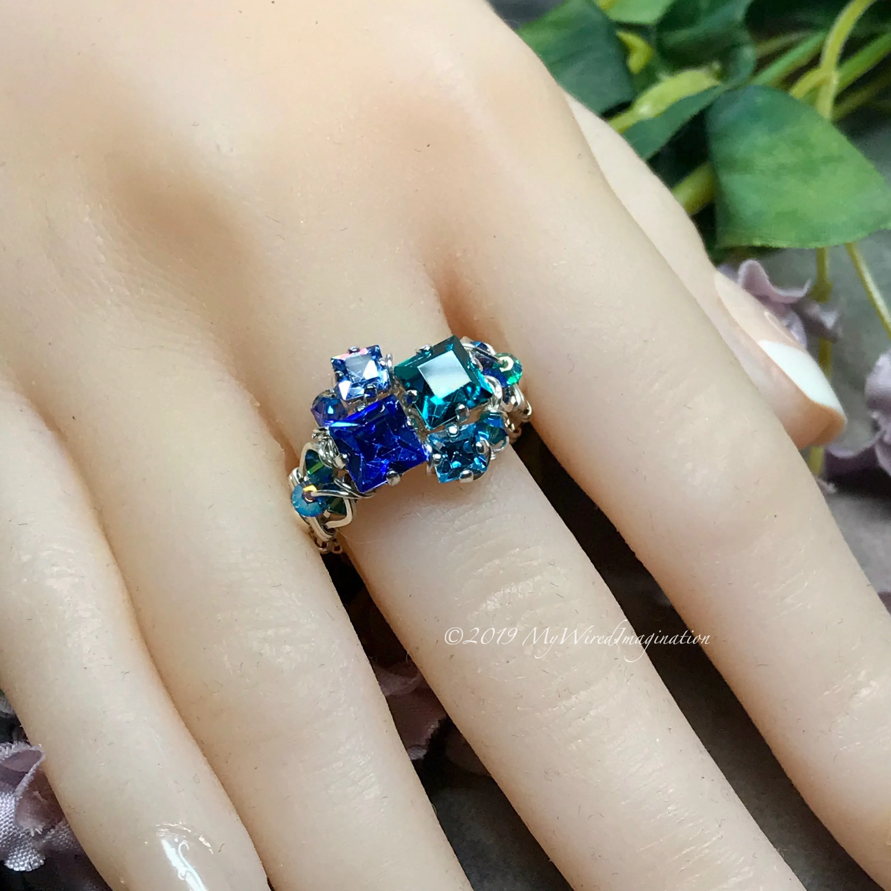 Multi-Stone Ring, Handmade in Swarovski Crystal Blues,  in Sterling US Size 8