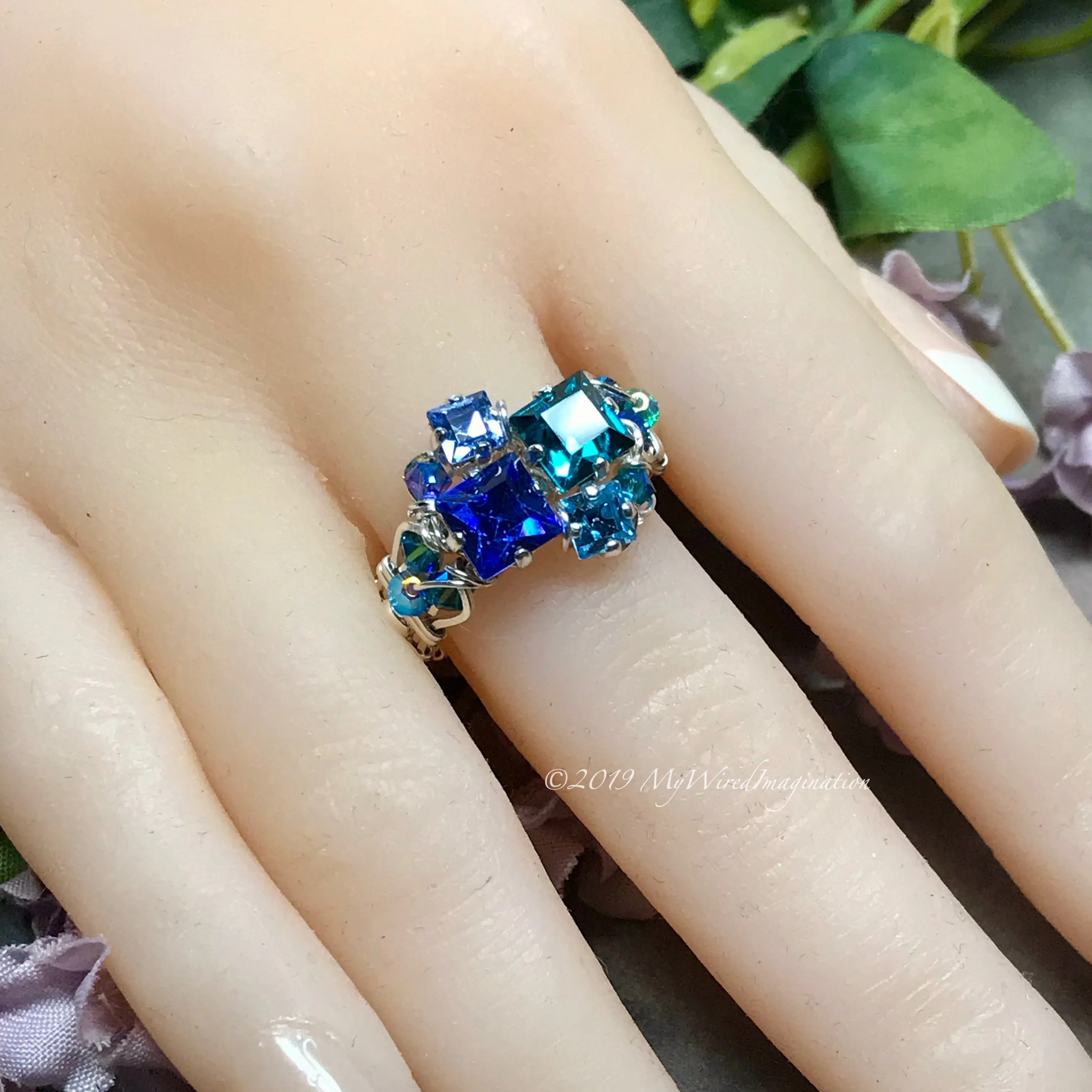 Multi-Stone Ring, Handmade in Swarovski Crystal Blues,  in Sterling US Size 8