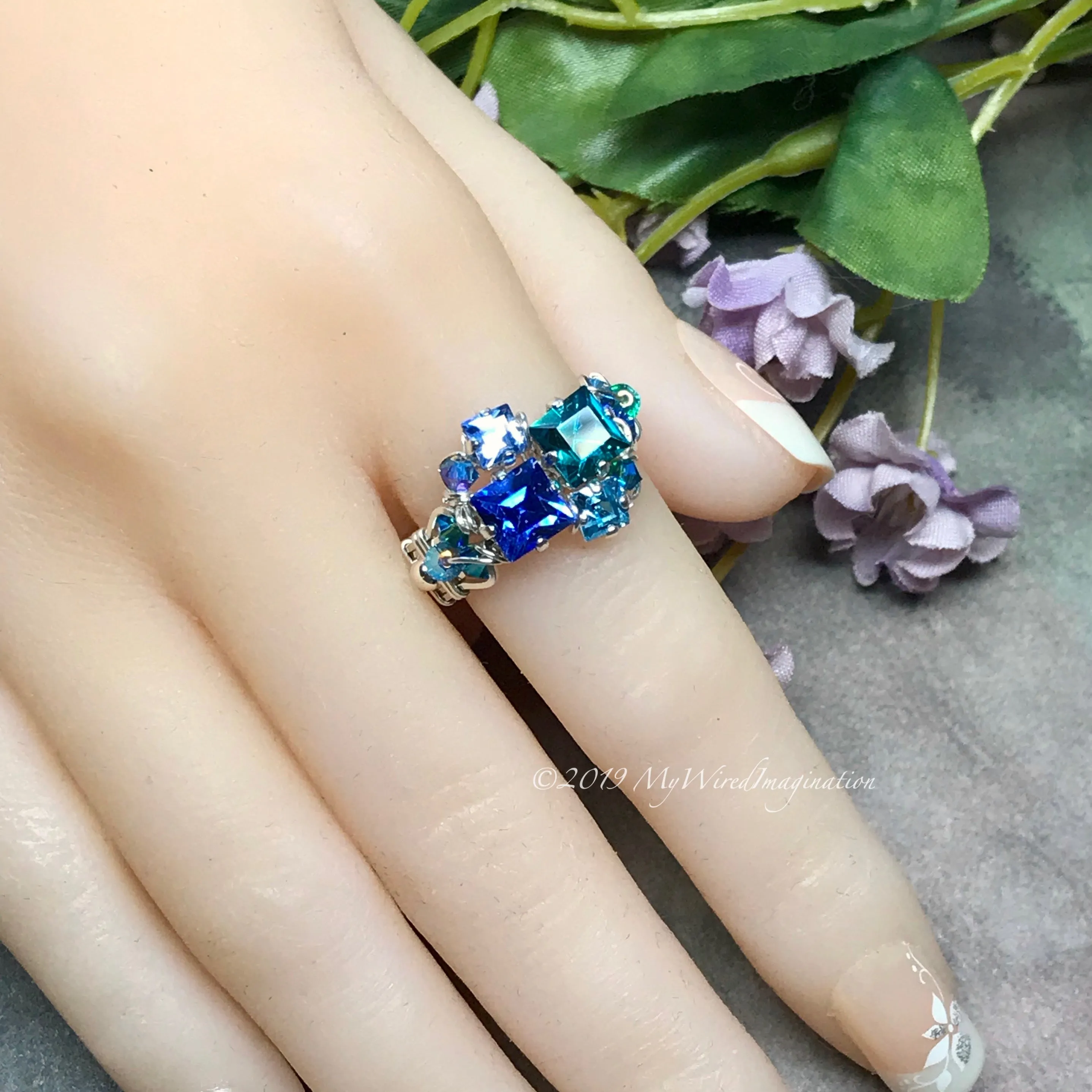 Multi-Stone Ring, Handmade in Swarovski Crystal Blues,  in Sterling US Size 8