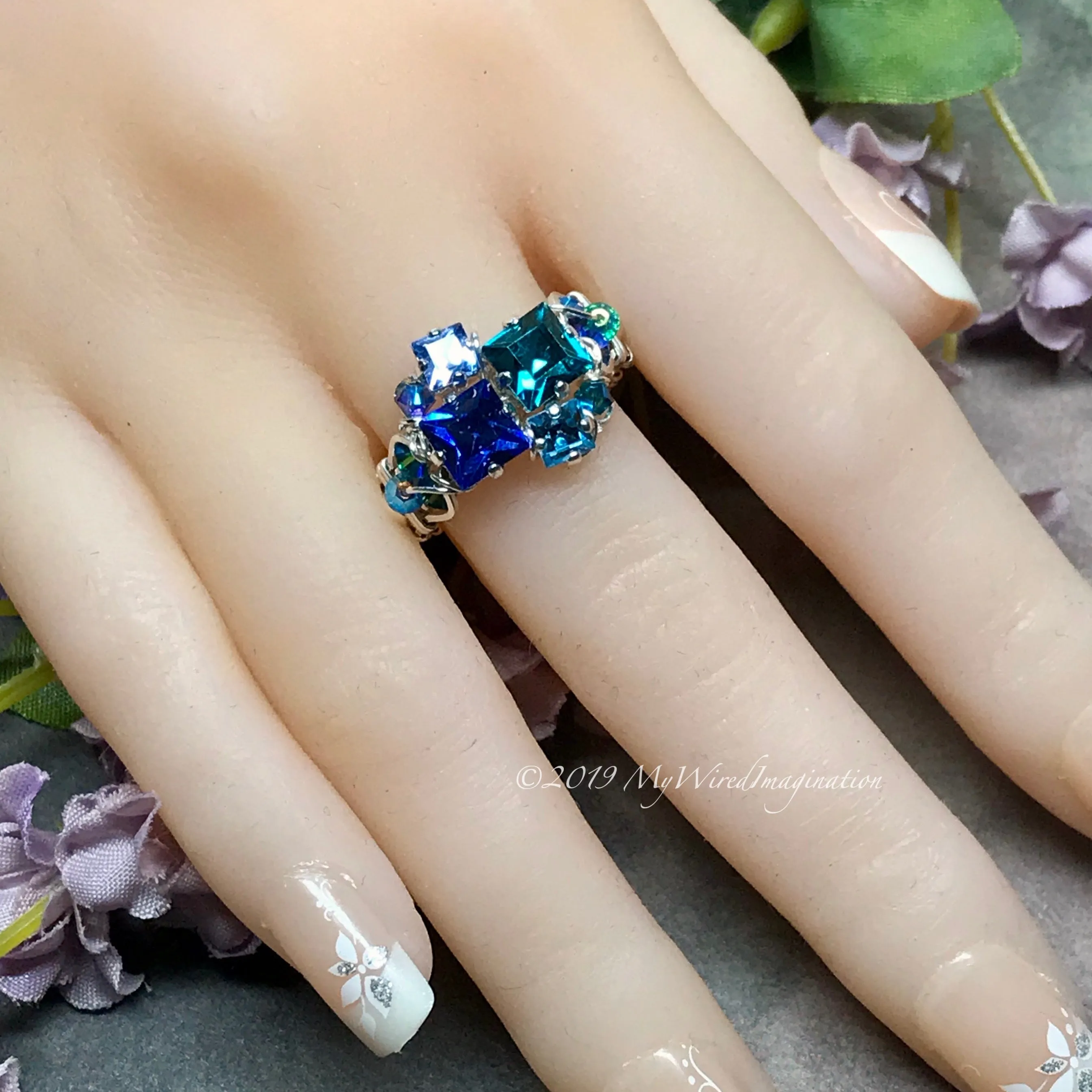Multi-Stone Ring, Handmade in Swarovski Crystal Blues,  in Sterling US Size 8