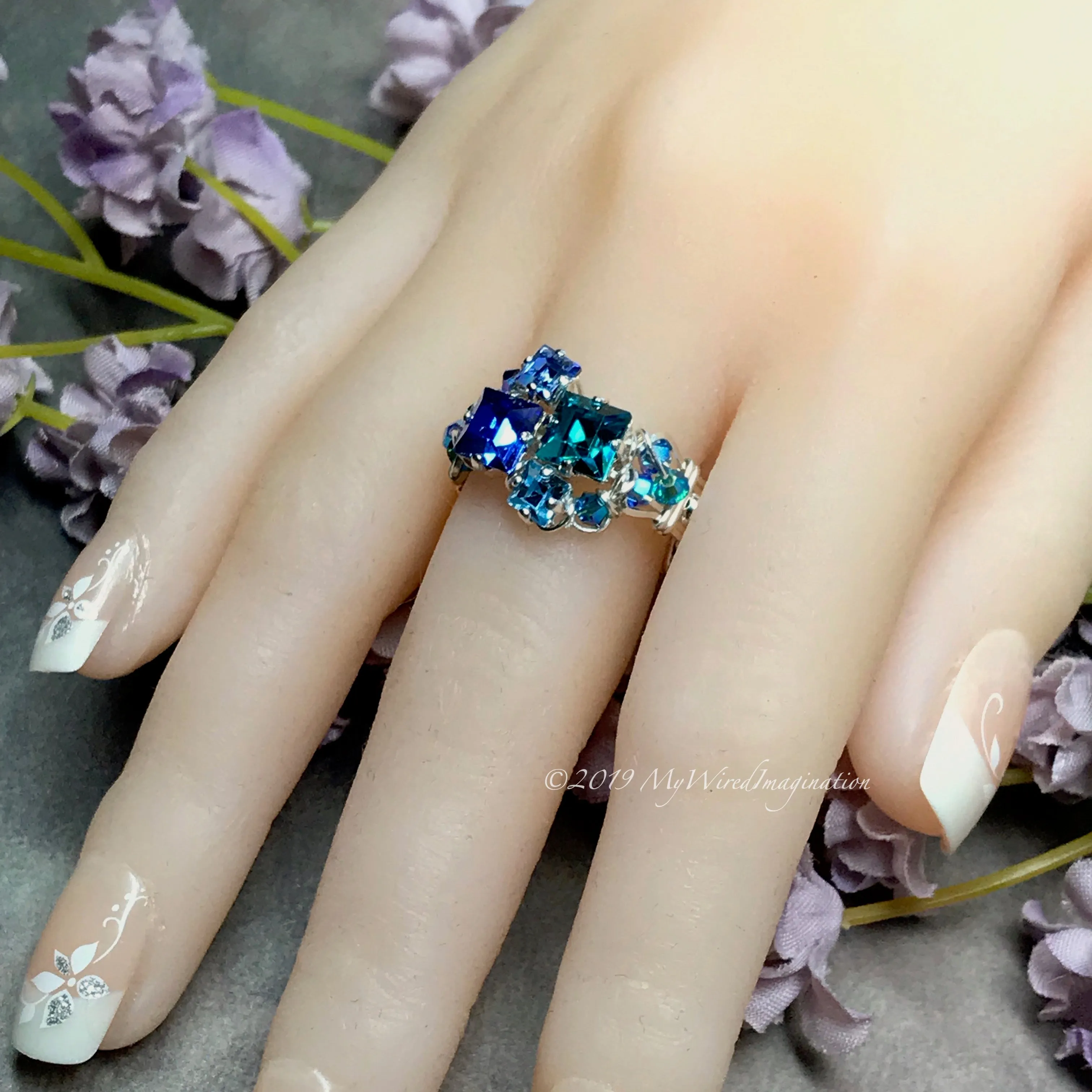 Multi-Stone Ring, Handmade in Swarovski Crystal Blues,  in Sterling US Size 8