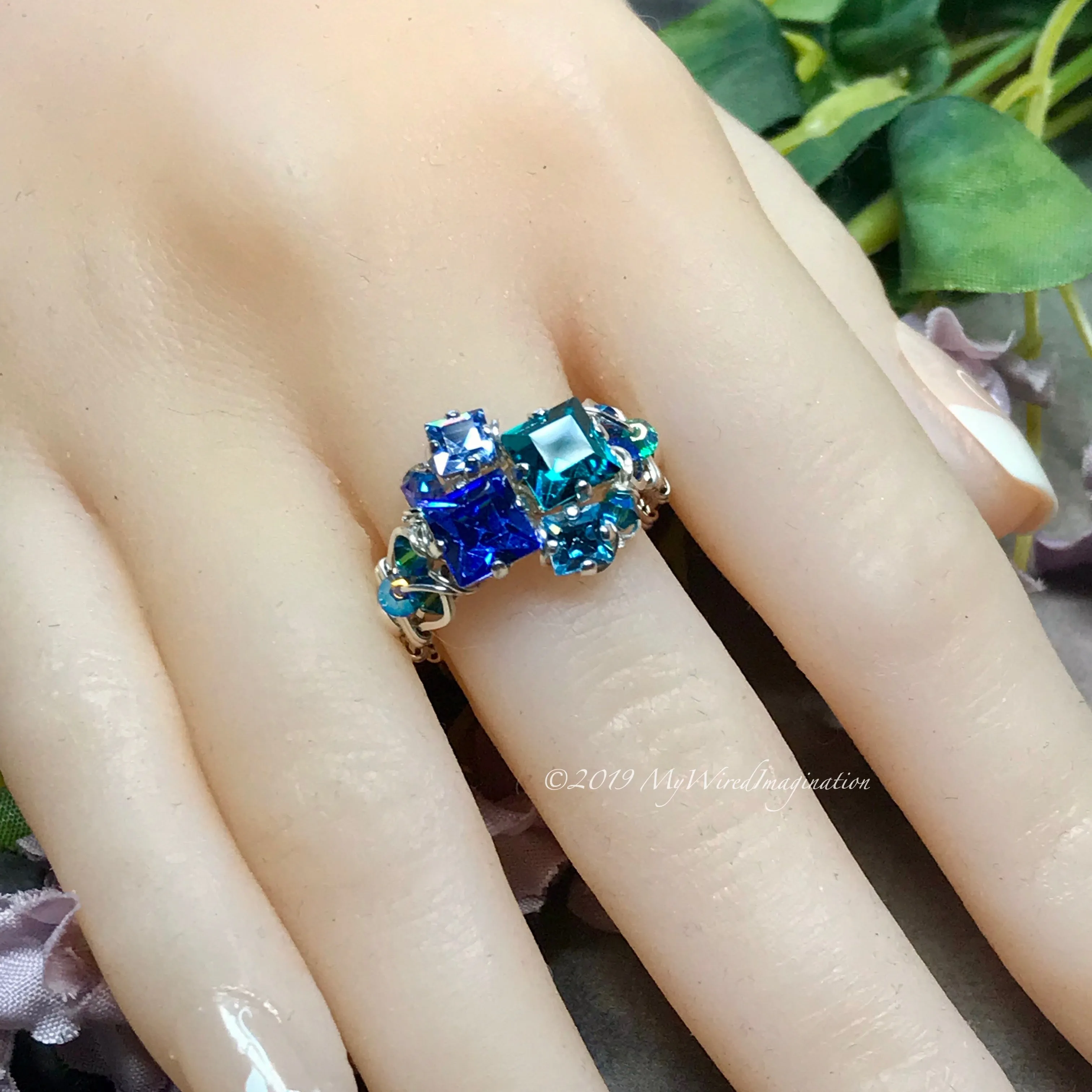 Multi-Stone Ring, Handmade in Swarovski Crystal Blues,  in Sterling US Size 8