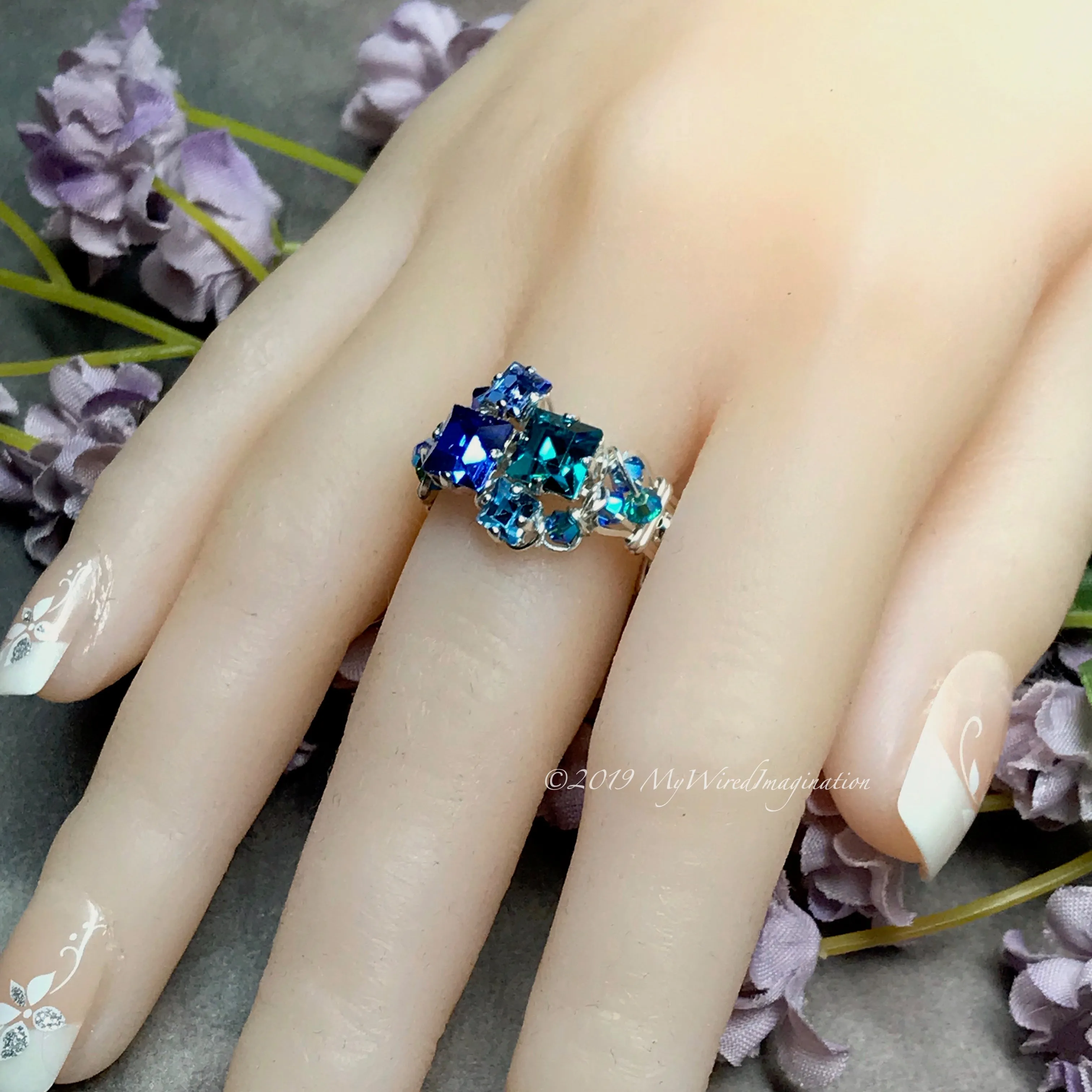 Multi-Stone Ring, Handmade in Swarovski Crystal Blues,  in Sterling US Size 8