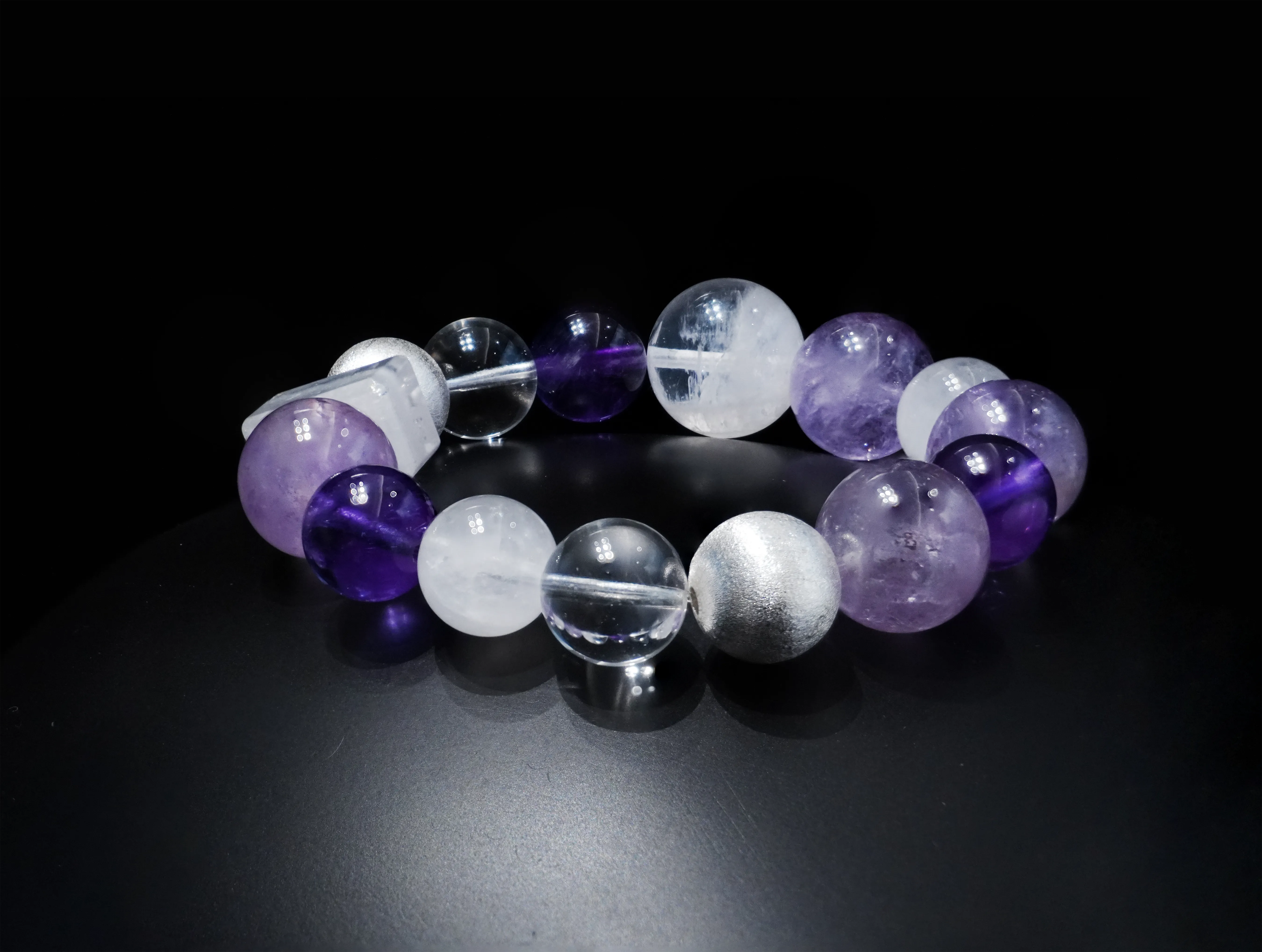 Mystic Harmony Bracelet - A Symphony of Amethyst, Clear Quartz, Lepidolite, White Phantom, and Pure Silver