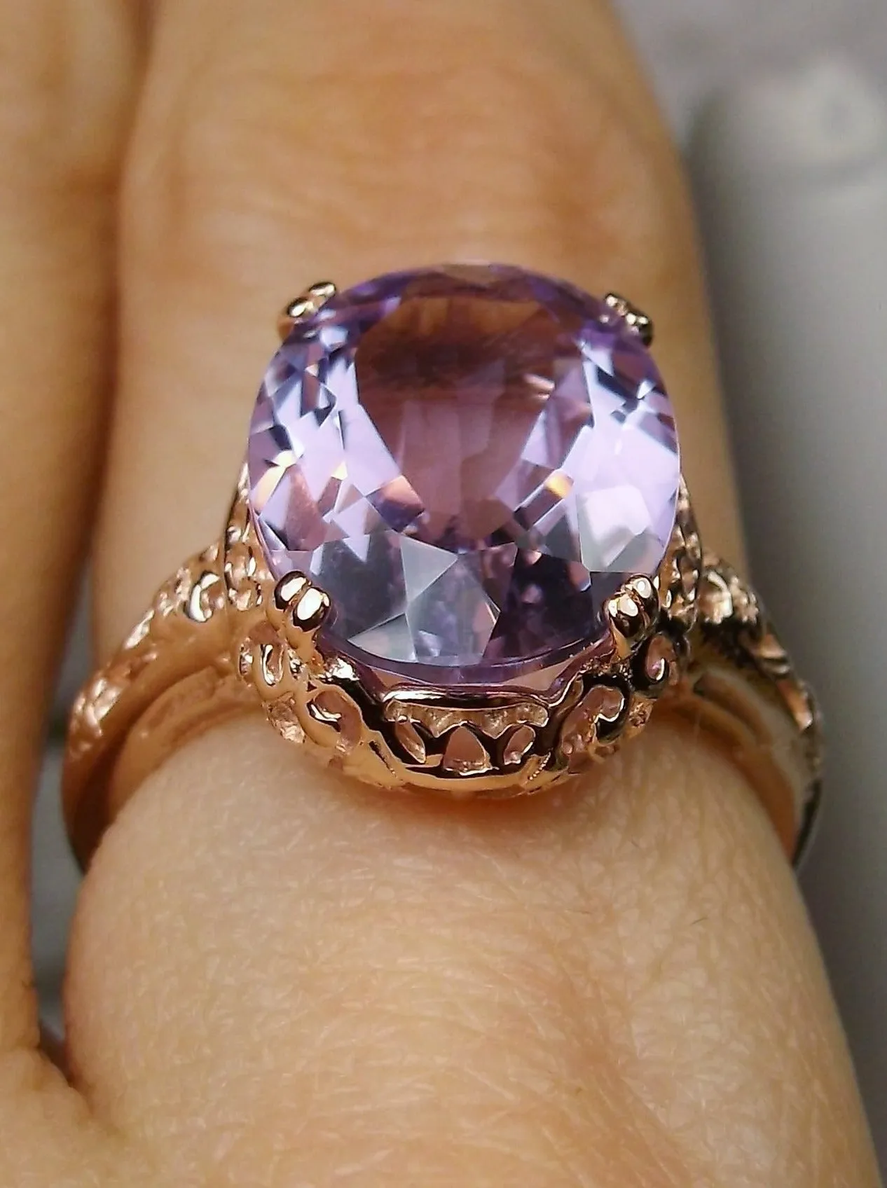 Natural Amethyst Ring, Rose Gold, Edwardian jewelry #D70