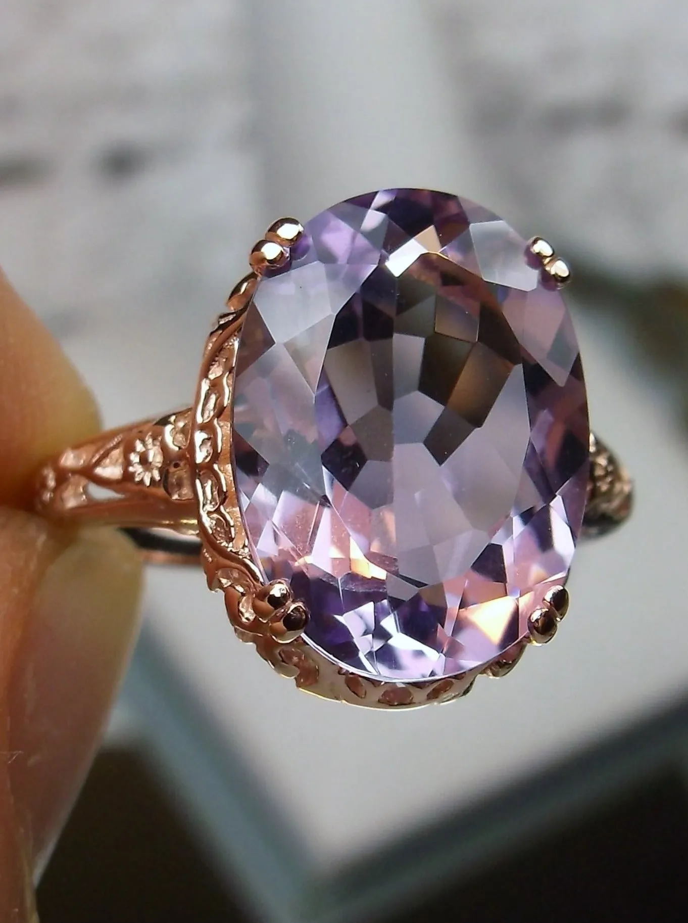 Natural Amethyst Ring, Rose Gold, Edwardian jewelry #D70