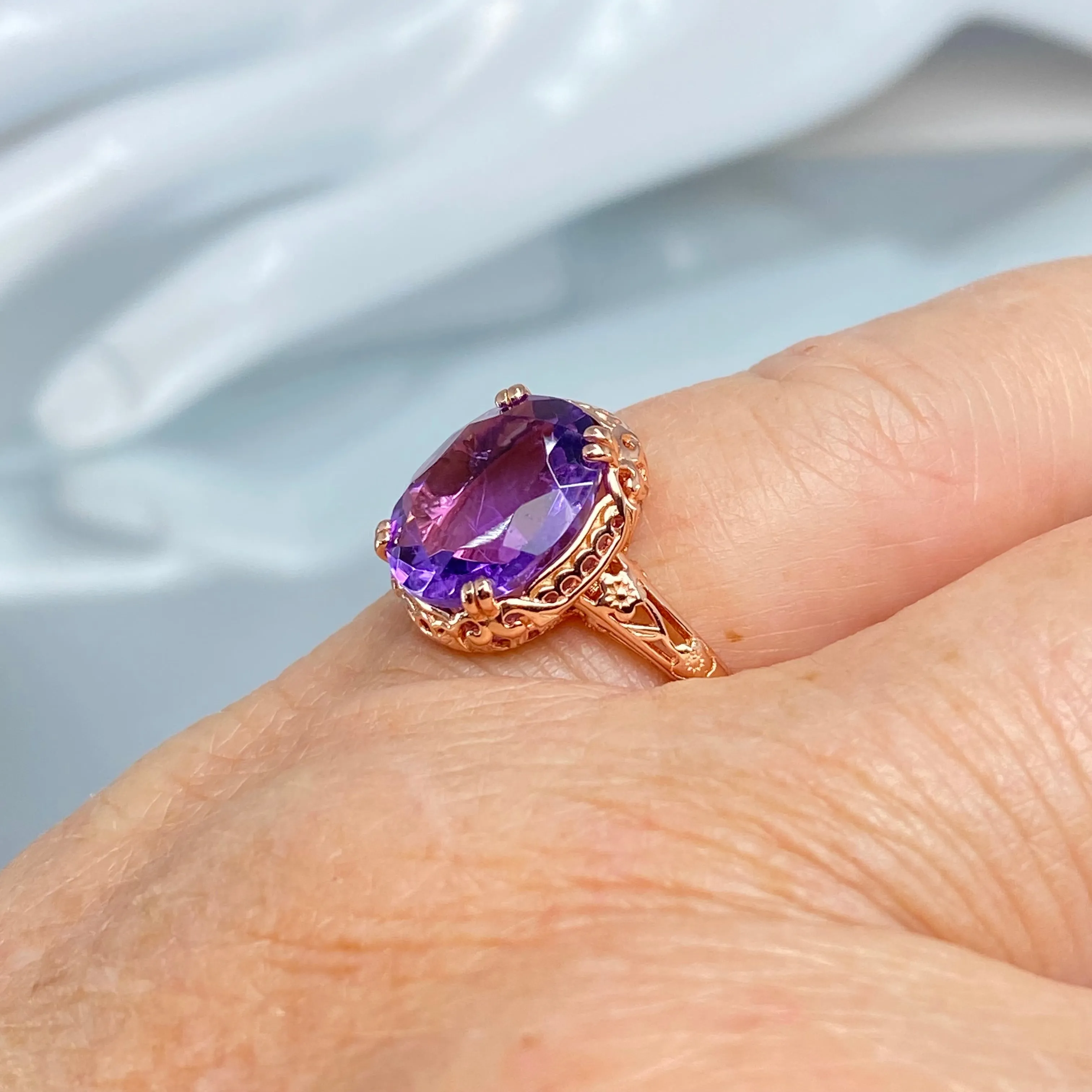 Natural Amethyst Ring, Size 5, Rose Gold plated, Edwardian Jewelry #D70z - Ready to Ship