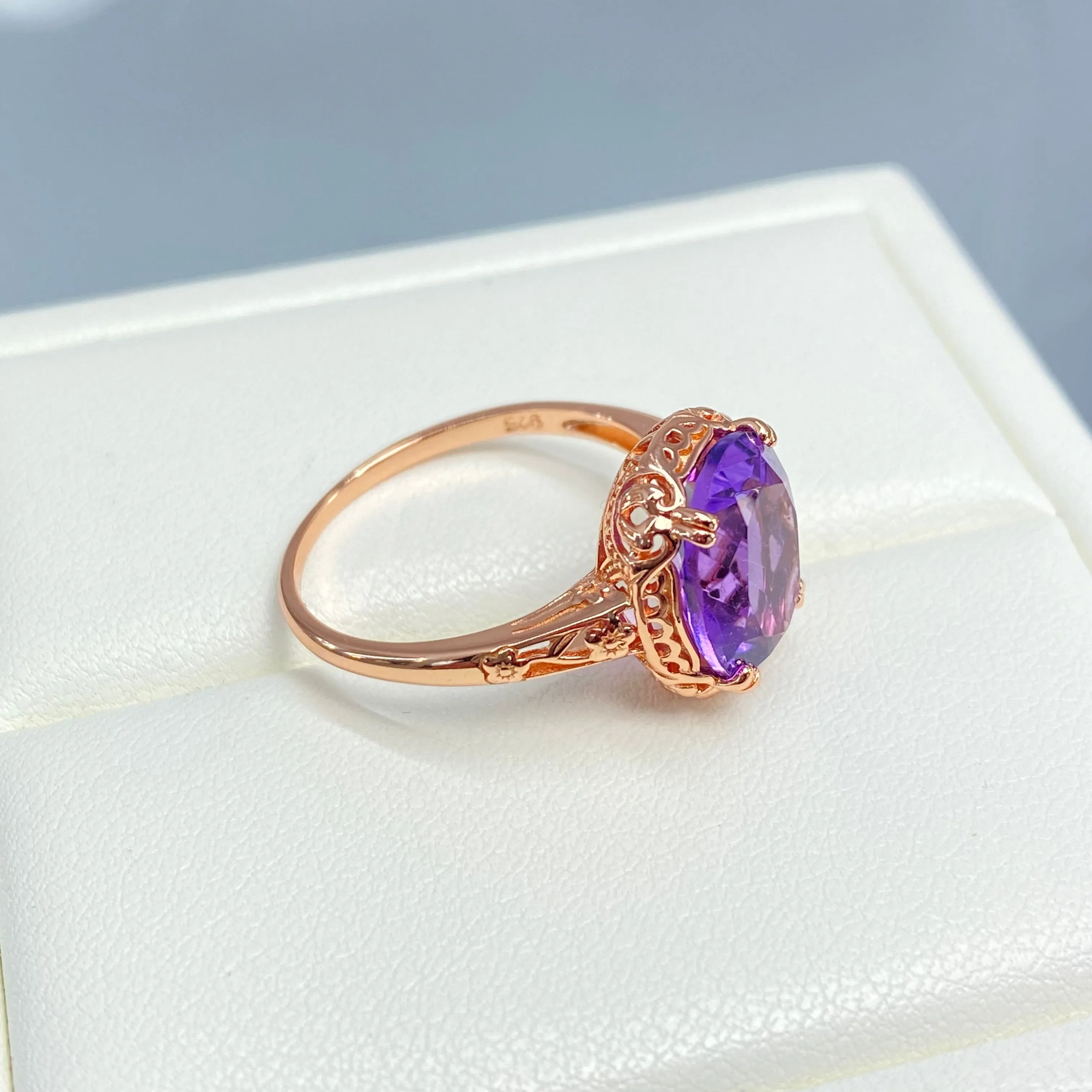Natural Amethyst Ring, Size 5, Rose Gold plated, Edwardian Jewelry #D70z - Ready to Ship