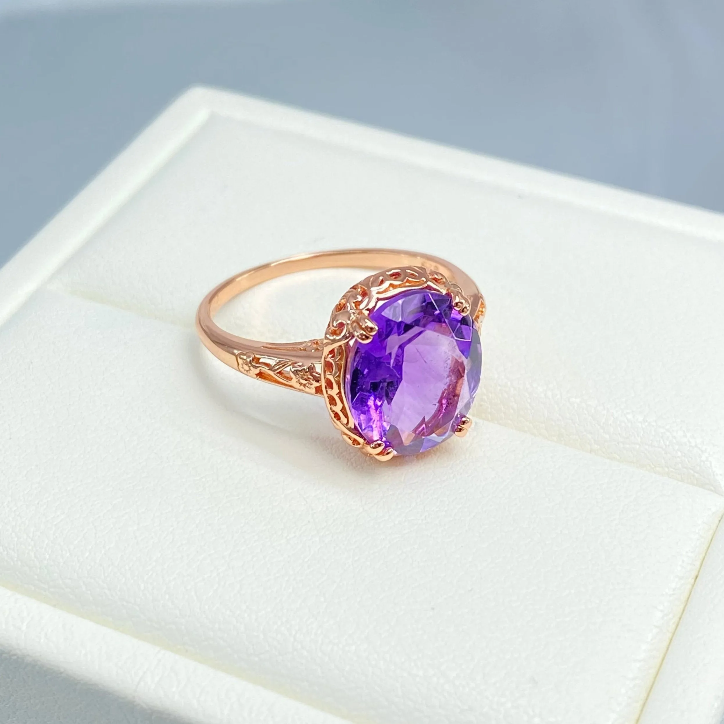 Natural Amethyst Ring, Size 5, Rose Gold plated, Edwardian Jewelry #D70z - Ready to Ship