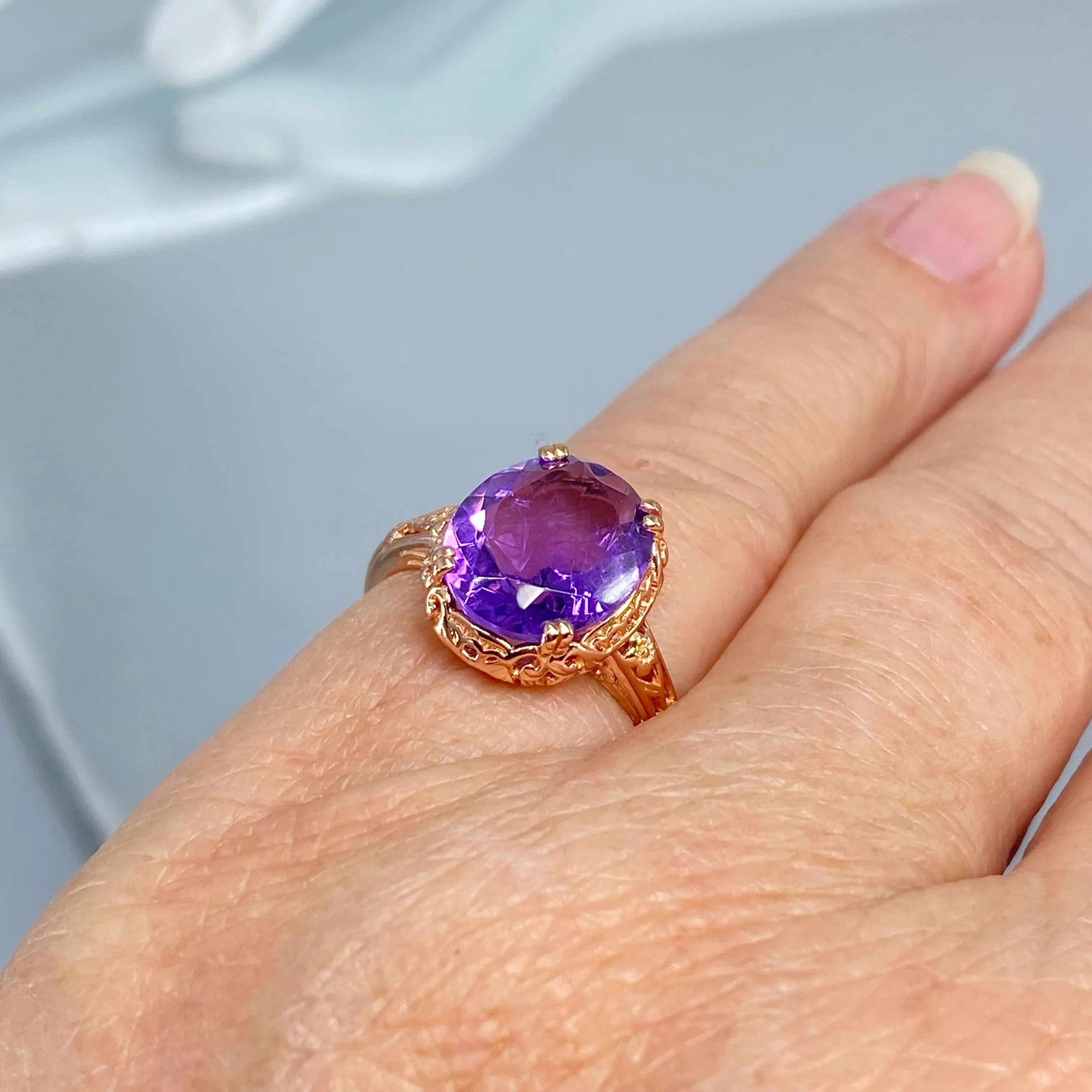 Natural Amethyst Ring, Size 5, Rose Gold plated, Edwardian Jewelry #D70z - Ready to Ship