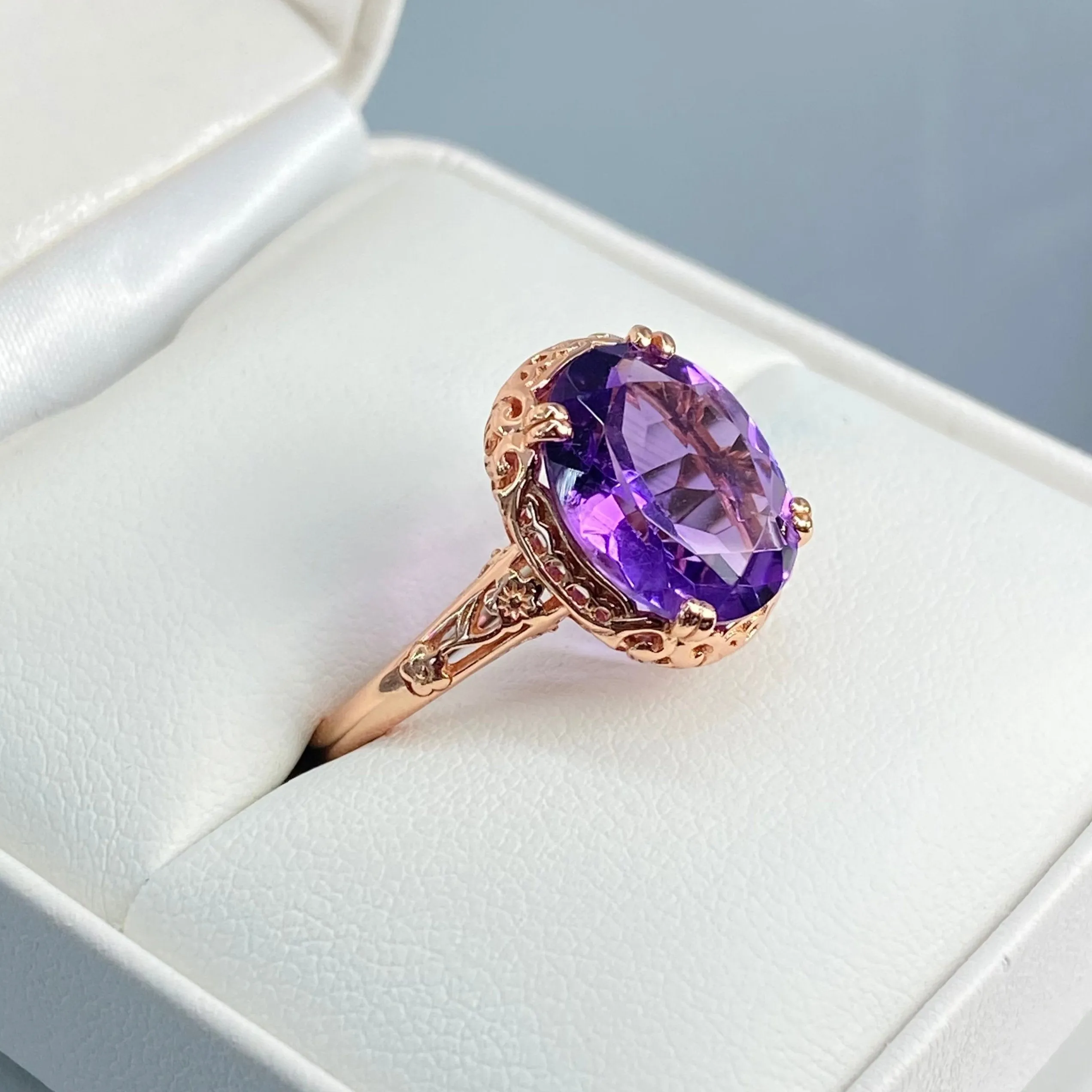 Natural Amethyst Ring, Size 5, Rose Gold plated, Edwardian Jewelry #D70z - Ready to Ship