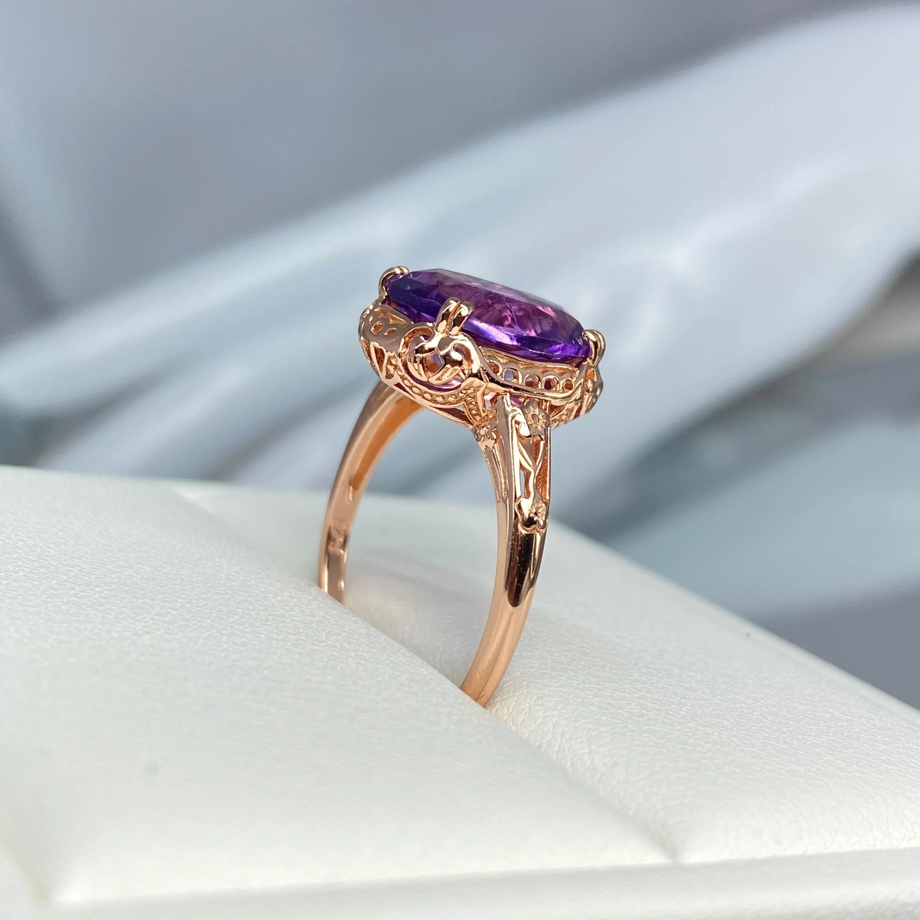 Natural Amethyst Ring, Size 5, Rose Gold plated, Edwardian Jewelry #D70z - Ready to Ship