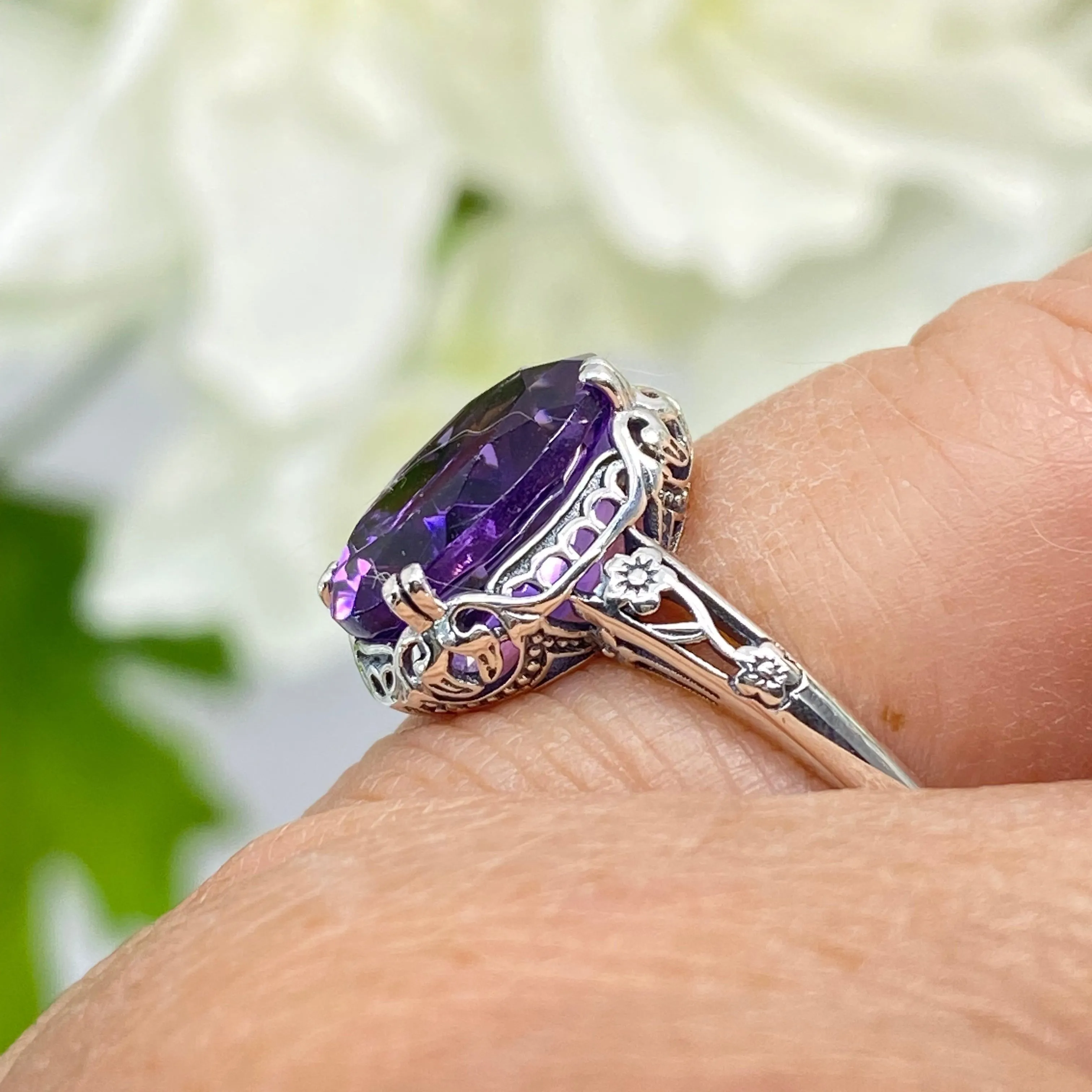 Natural Amethyst Ring, Size 8, Edwardian Antique Reproduction Jewelry #D70z - Ready to Ship
