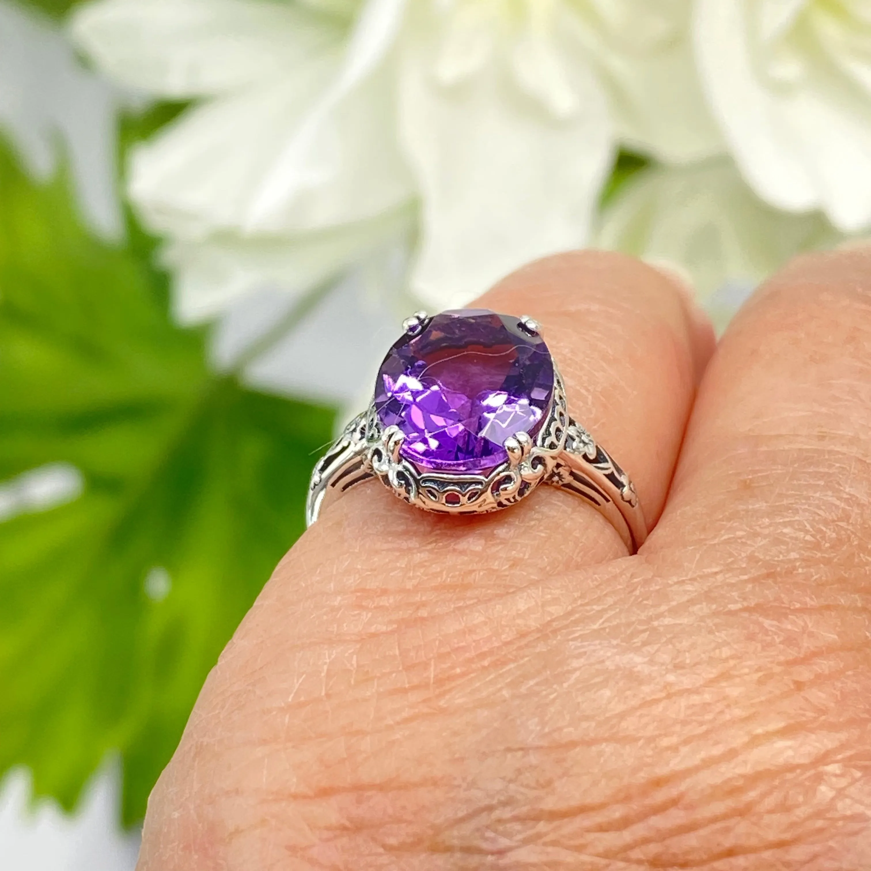 Natural Amethyst Ring, Size 8, Edwardian Antique Reproduction Jewelry #D70z - Ready to Ship