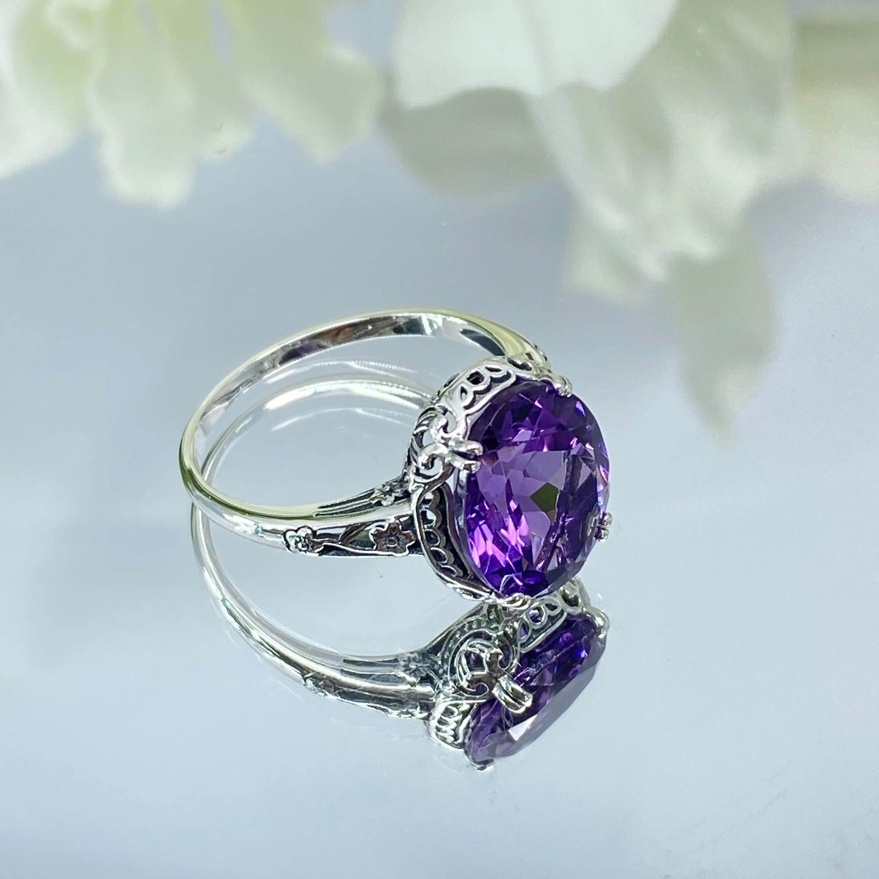 Natural Amethyst Ring, Size 8, Edwardian Antique Reproduction Jewelry #D70z - Ready to Ship