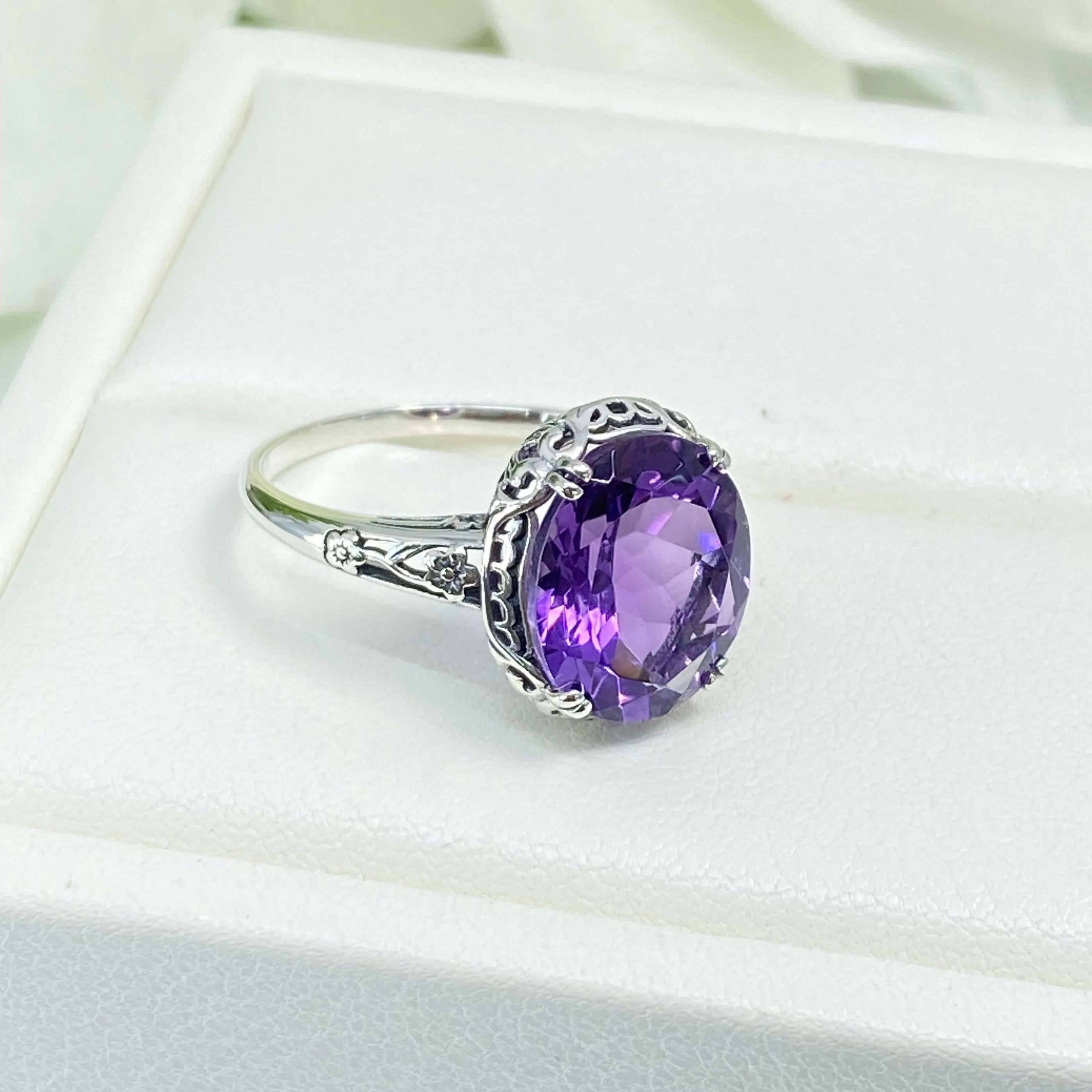Natural Amethyst Ring, Size 8, Edwardian Antique Reproduction Jewelry #D70z - Ready to Ship