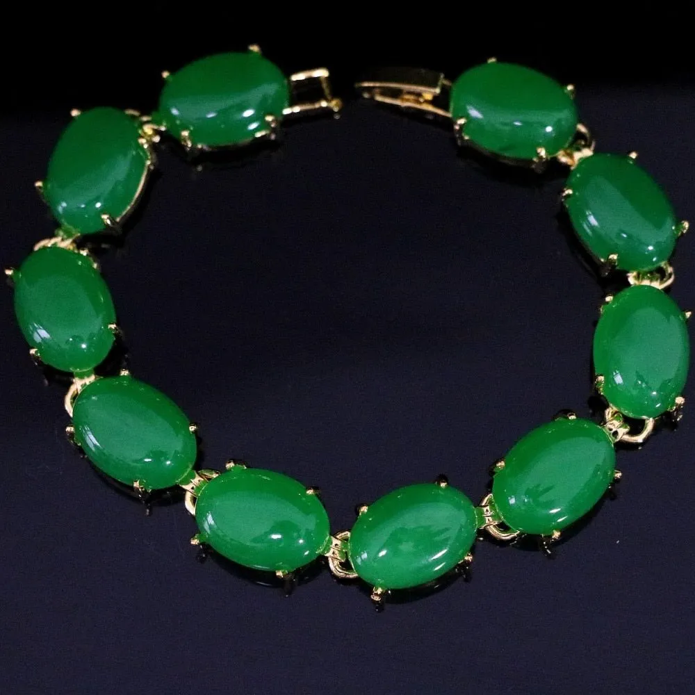 Natural oval chalcedony green stone jade gold chain bracelet wedding jewelry