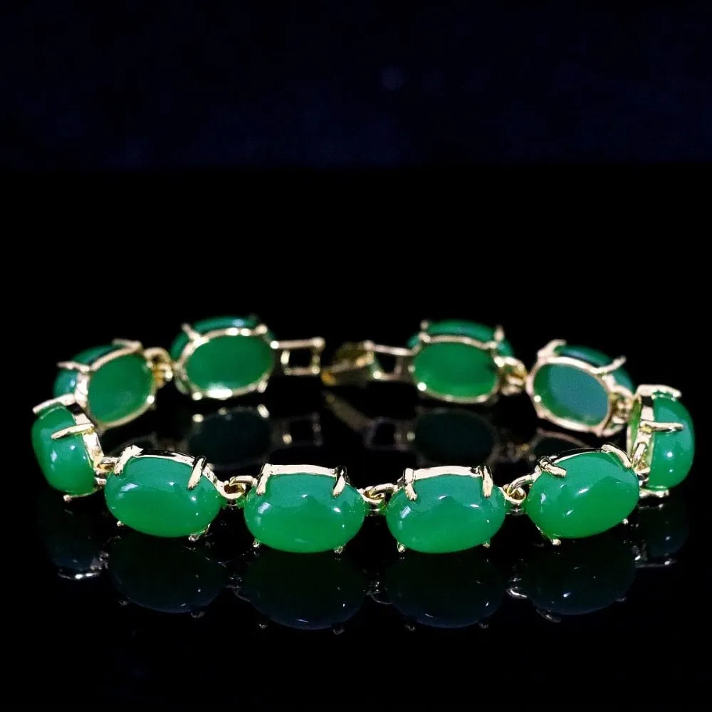 Natural oval chalcedony green stone jade gold chain bracelet wedding jewelry