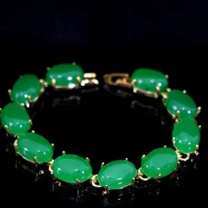 Natural oval chalcedony green stone jade gold chain bracelet wedding jewelry