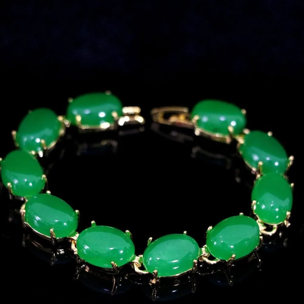 Natural oval chalcedony green stone jade gold chain bracelet wedding jewelry