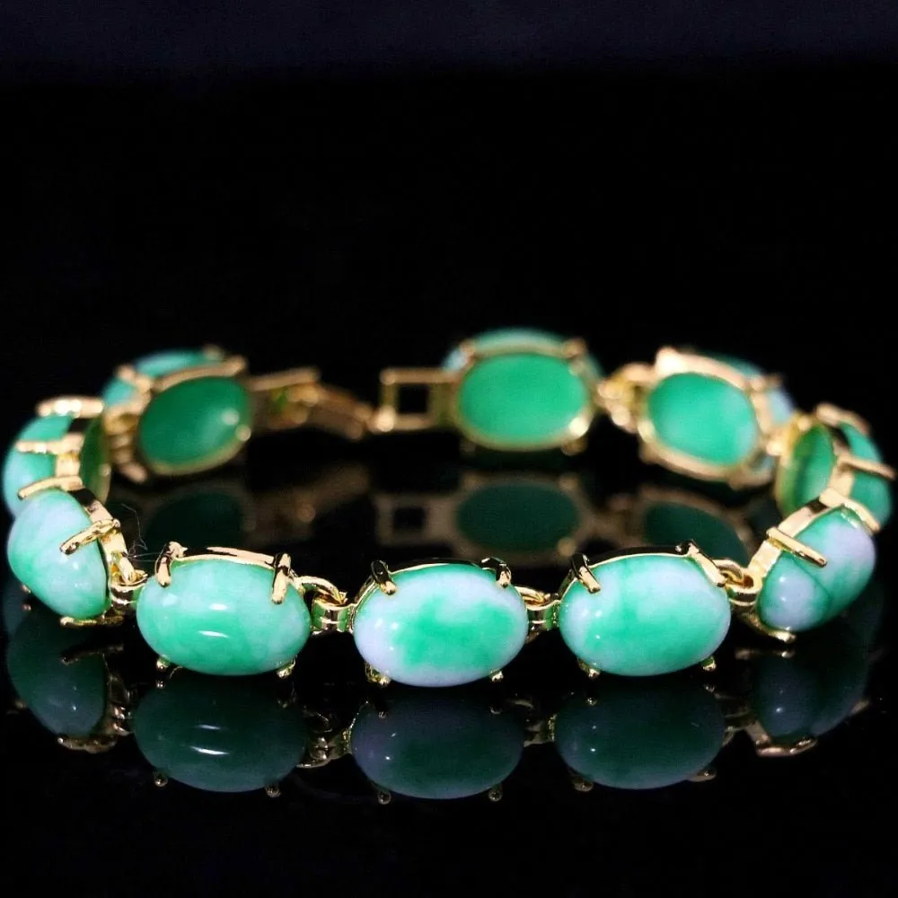 Natural oval chalcedony green stone jade gold chain bracelet wedding jewelry