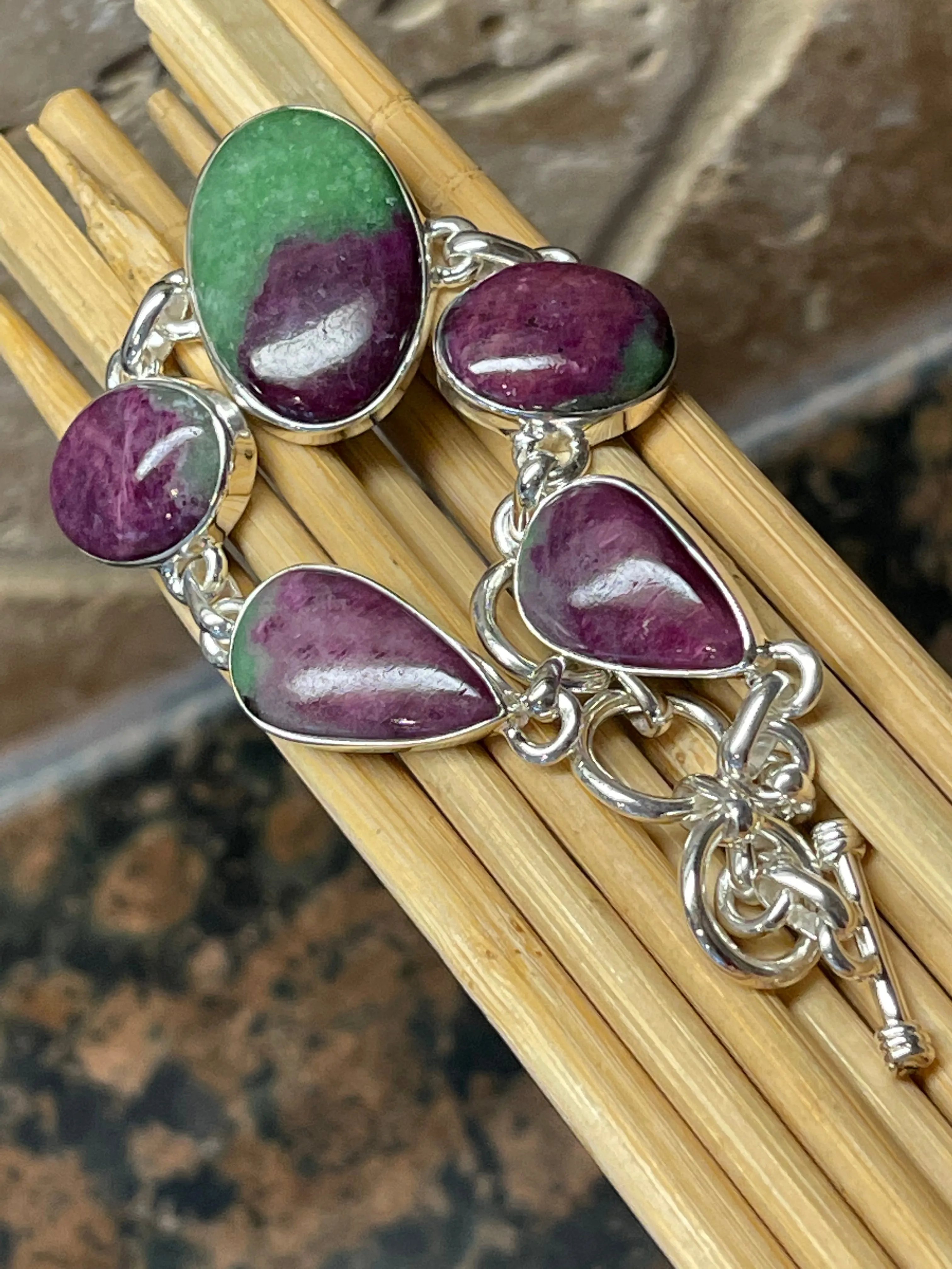 Natural Ruby in Zoisite 925 Solid Sterling Silver Bracelets 7"