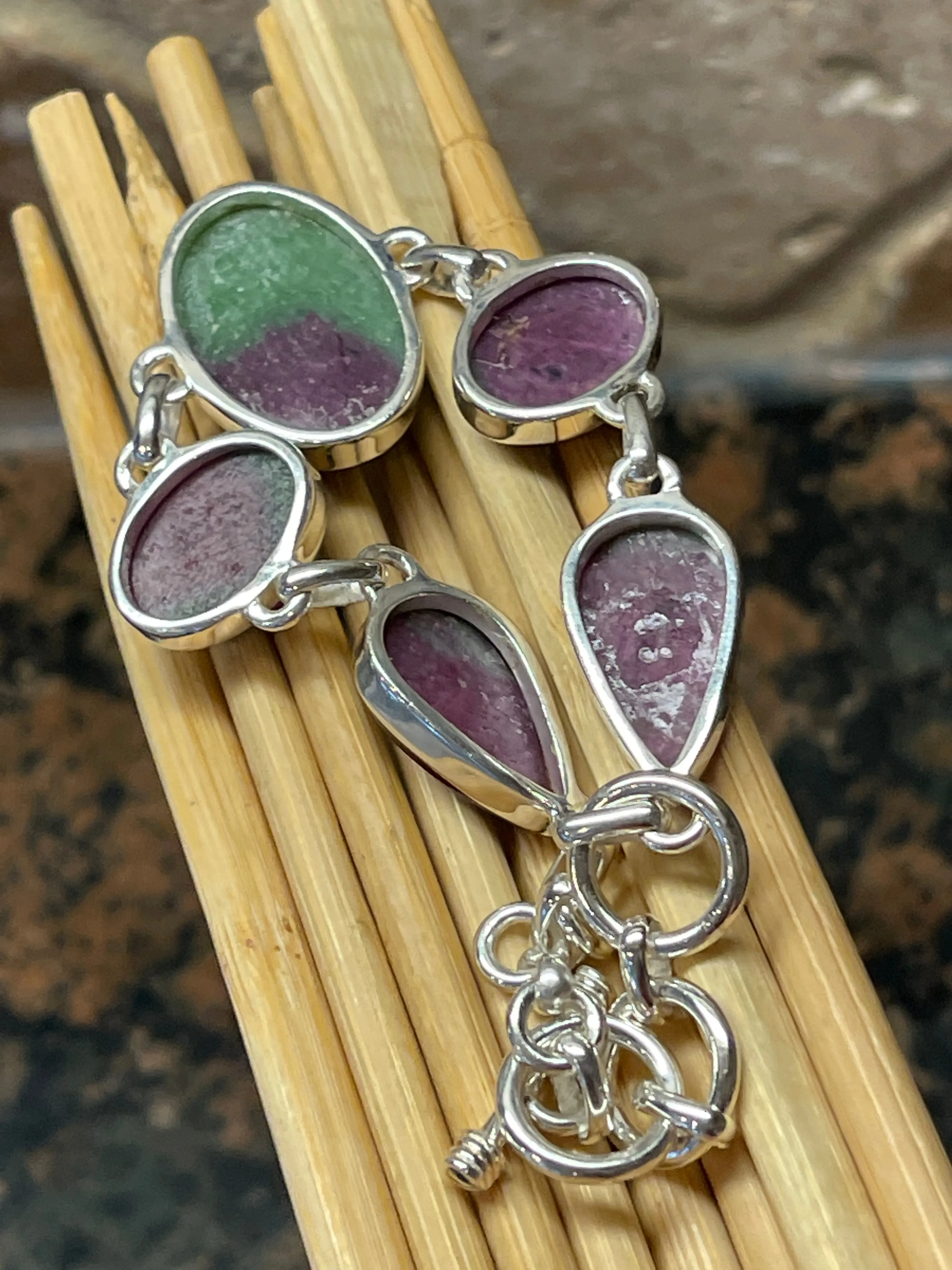 Natural Ruby in Zoisite 925 Solid Sterling Silver Bracelets 7"