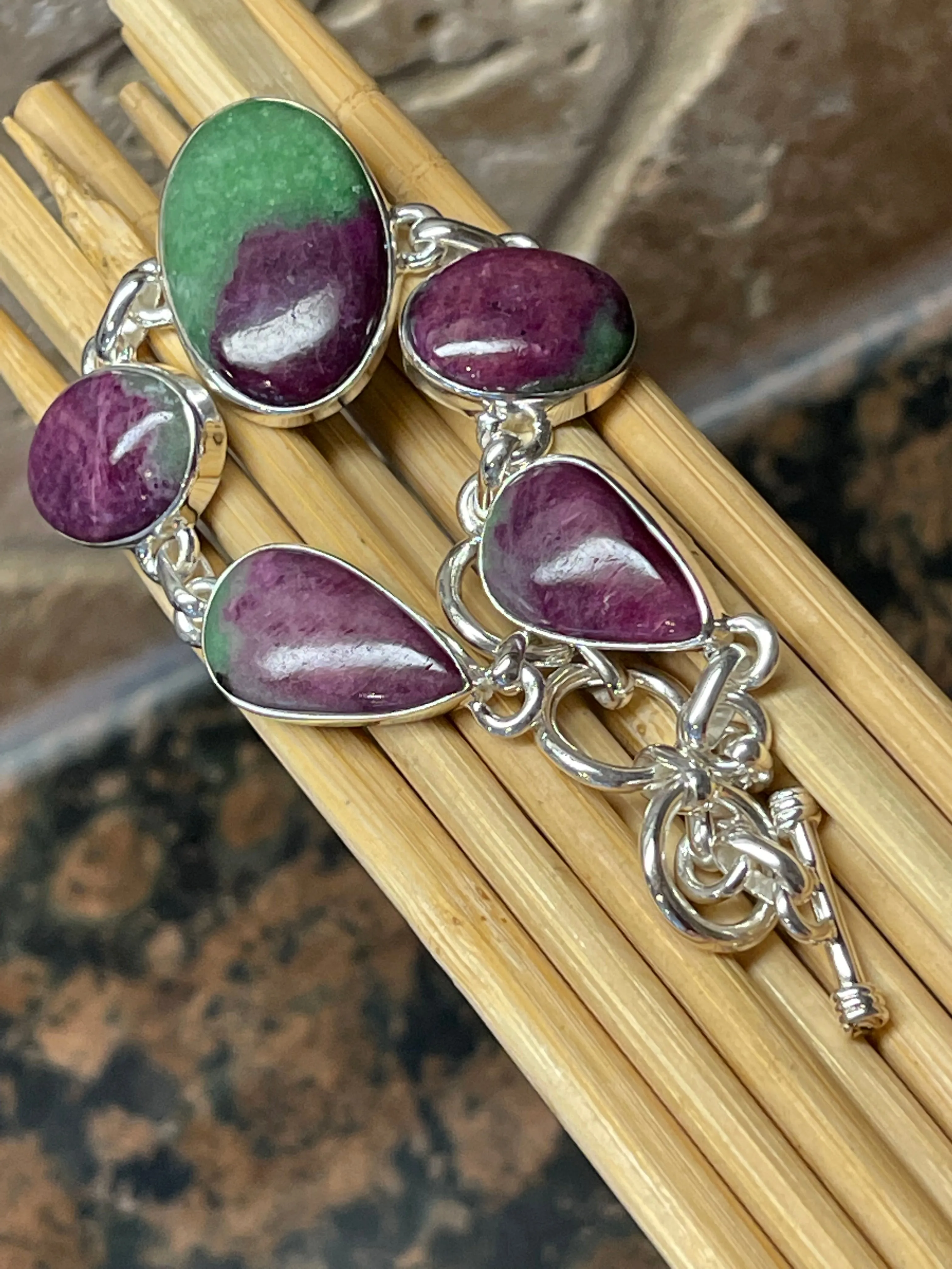 Natural Ruby in Zoisite 925 Solid Sterling Silver Bracelets 7"