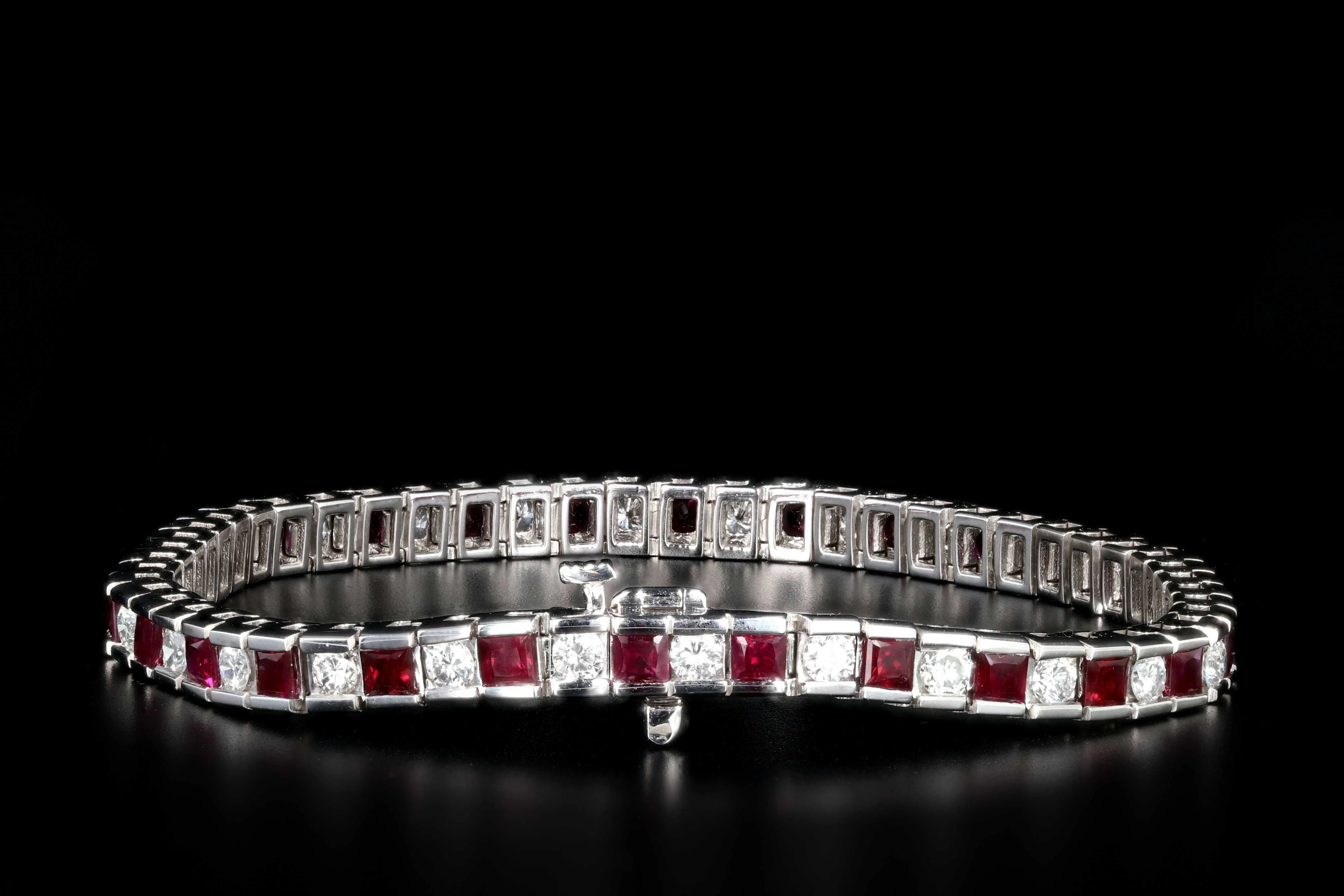 New 14K White Gold 2.3 Carat Diamond and 5.5 Carat Ruby Tennis Bracelet