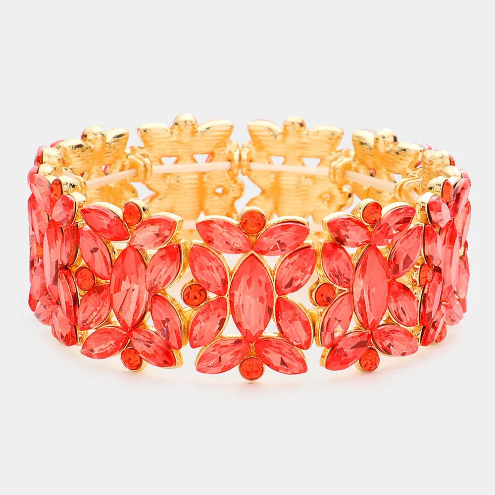 Orange Crystal Floral Pageant Stretch Bracelet   | Prom Bracelet | 602666
