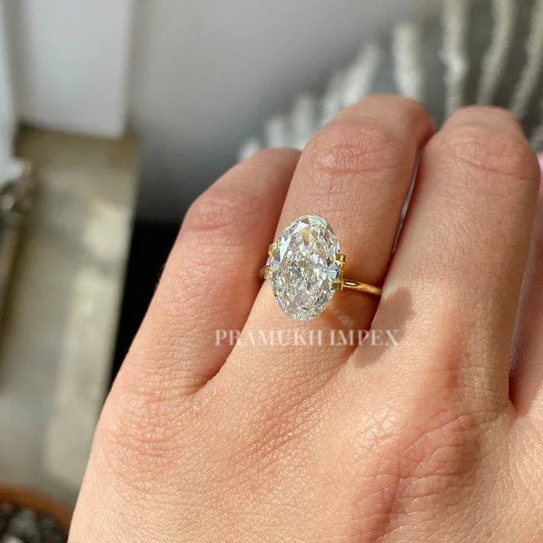 Oval shape Moissanite Engagement Ring, 3.77ct Solid 14K Yellow Gold, promise ring, forever one, Unique Design Man Made Diamond Wedding Ring