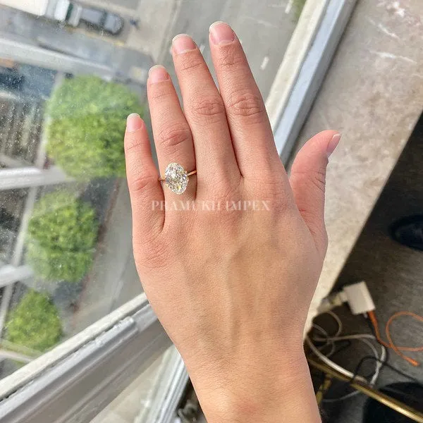 Oval shape Moissanite Engagement Ring, 3.77ct Solid 14K Yellow Gold, promise ring, forever one, Unique Design Man Made Diamond Wedding Ring