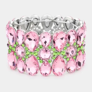 Pink & Green Crystal Teardrop Surround Stretch Pageant Bracelet  | Prom Jewelry | 537654