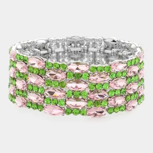 Pink & Green Marquise Stone Accented Stretch Pageant Bracelet  | Crystal Bracelet | 581609