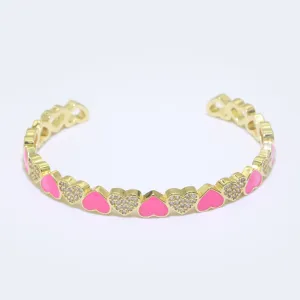 Pink Heart Enamel 14k Gold Filled Adjustable Bangle, Gold Cuff Bangle Bracelet Micro Pave Jewelry