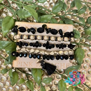 Pink Panache 5-strand black chip, black crystal and gold bead bracelet set