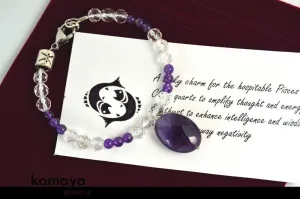 PISCES CHARM BRACELET - Purple Amethyst Pendant and Clear Quartz Beads