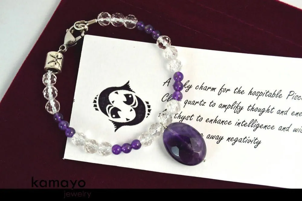 PISCES CHARM BRACELET - Purple Amethyst Pendant and Clear Quartz Beads