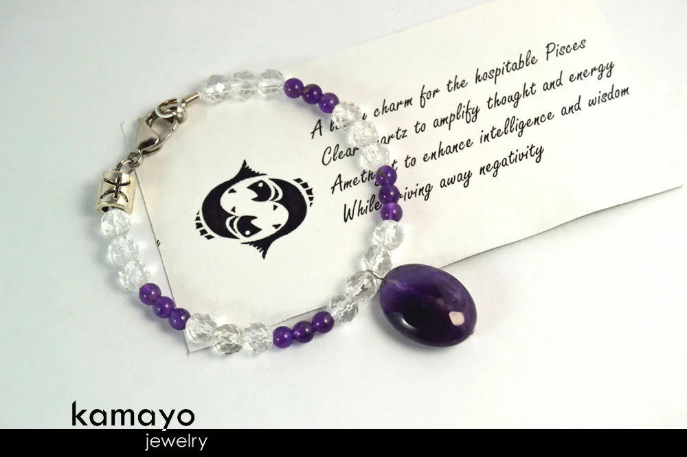 PISCES CHARM BRACELET - Purple Amethyst Pendant and Clear Quartz Beads